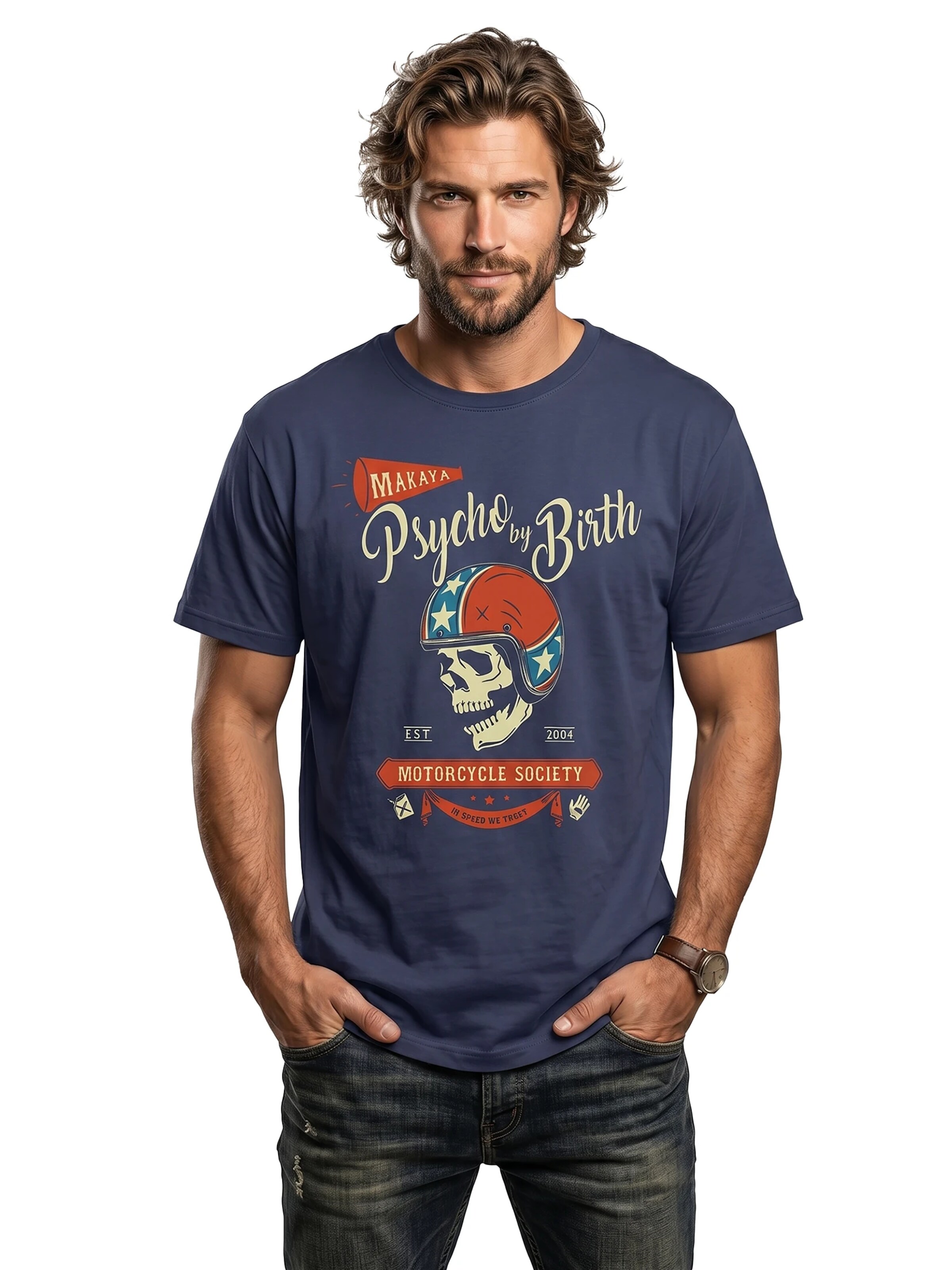 MAKAYA Shirt 'Psycho by Birth' in Blue: front