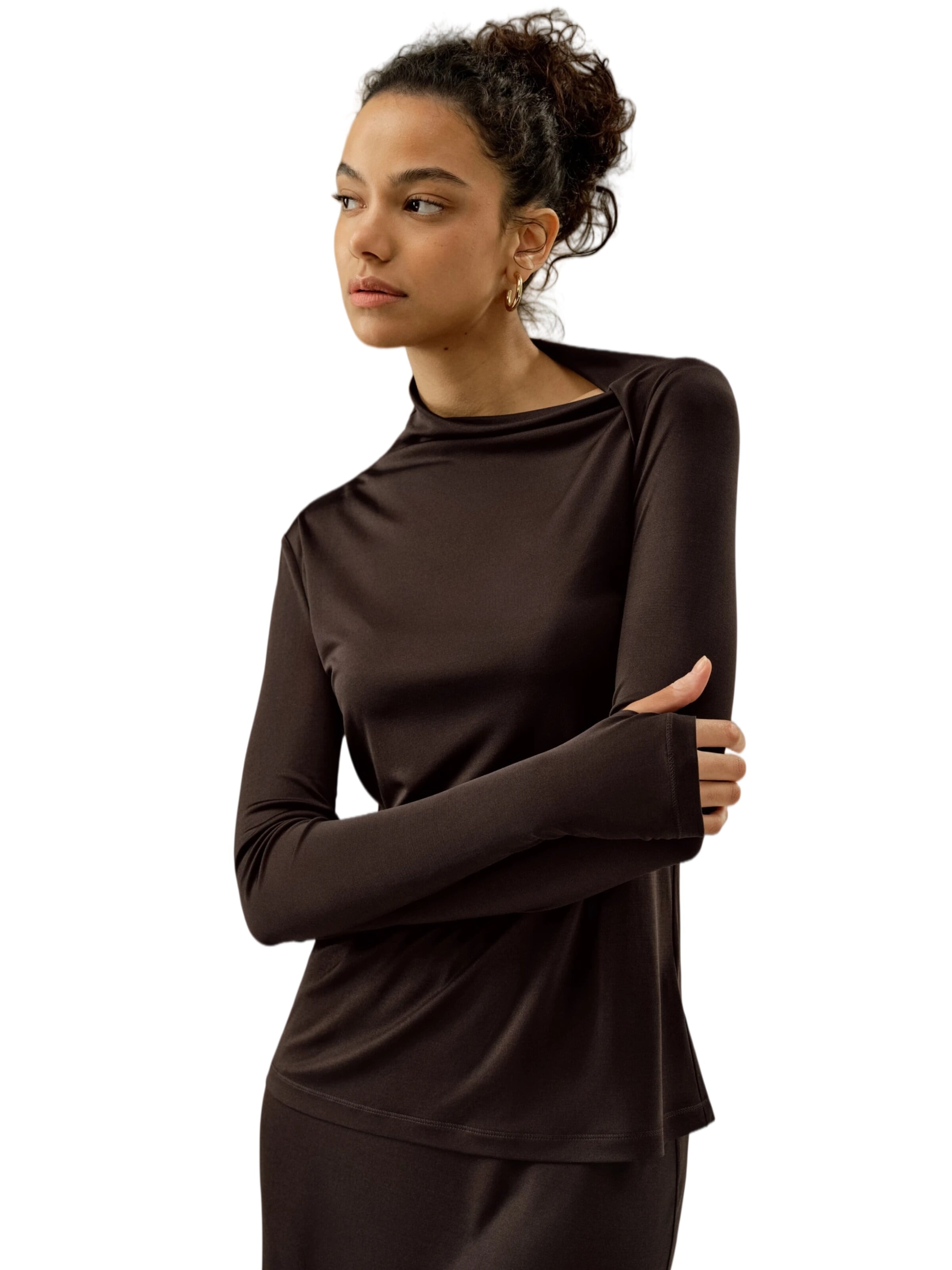 Lilysilk Top 'Seidenjersey Schmales Langarm Top' in Bruin
