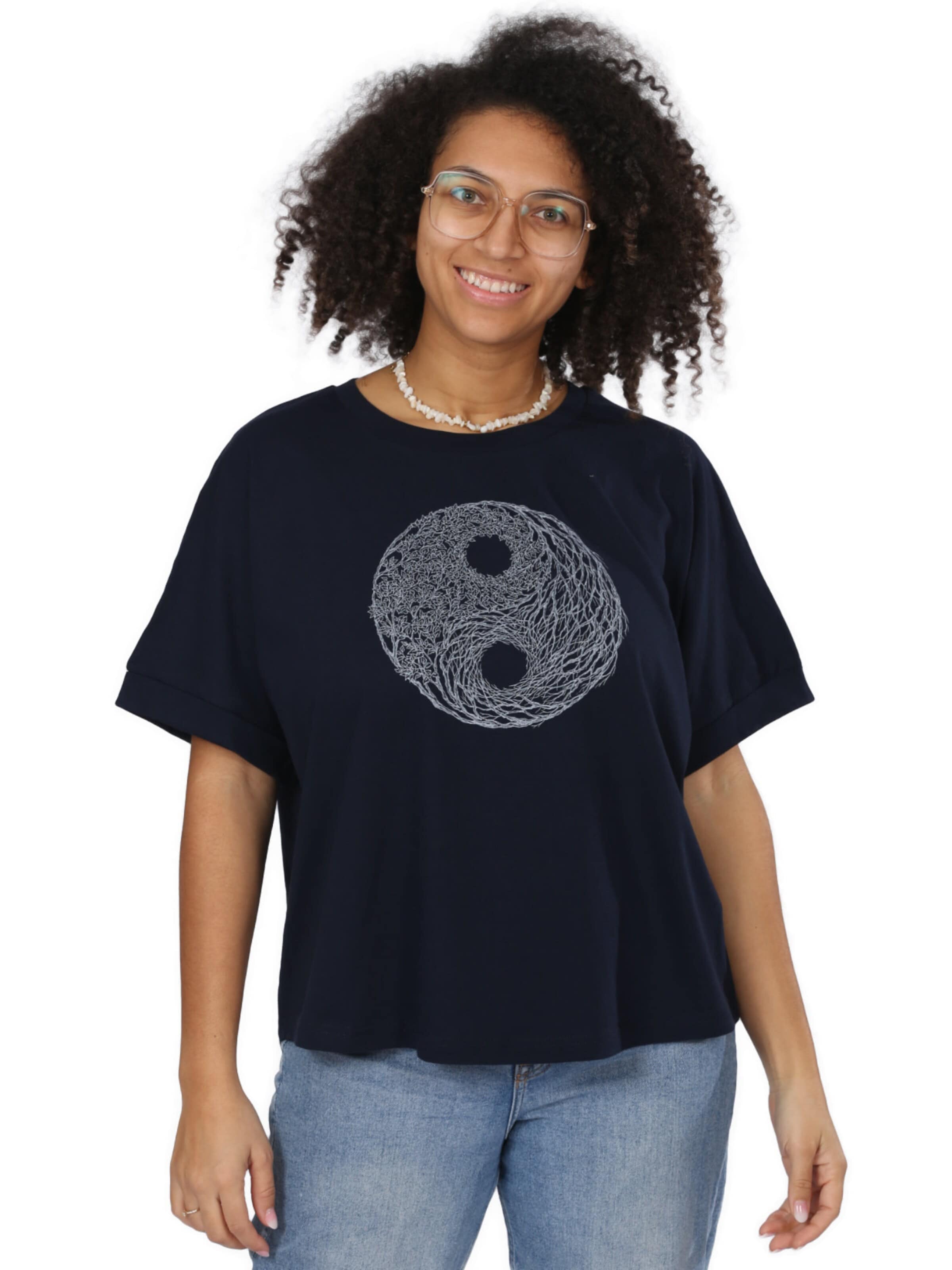Life-Tree Oversized shirt 'Organic Fairwear Oversized Shirt Women YinYang Navy Blue' in Blue: front