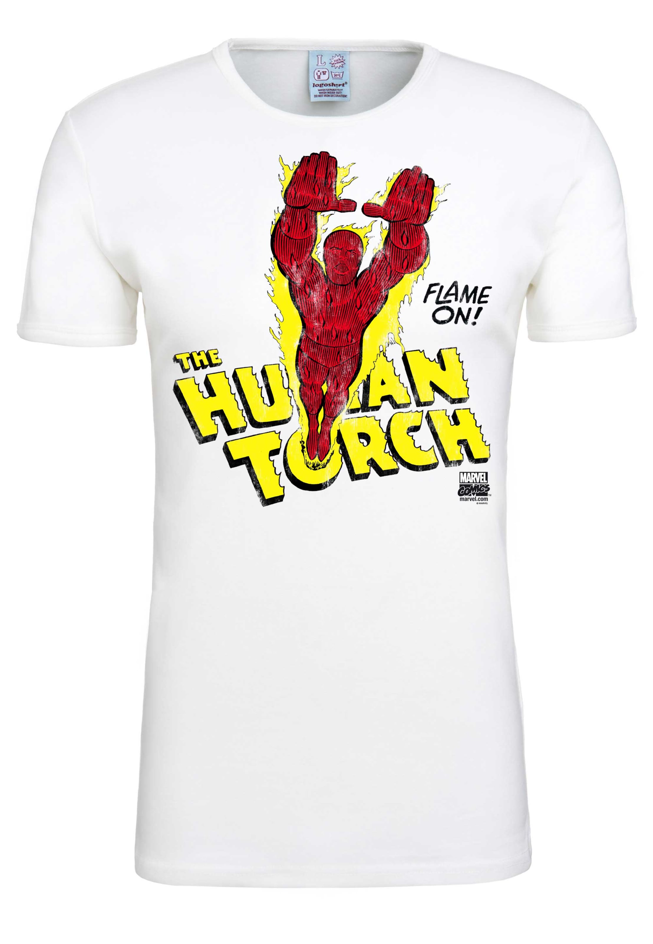 LOGOSHIRT T-Shirt 'Human Torch Flame On' in Weiß: Vorderseite