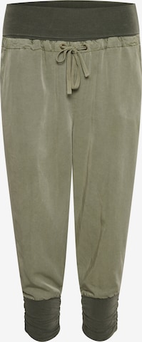Cream Tapered Pants in Green: front