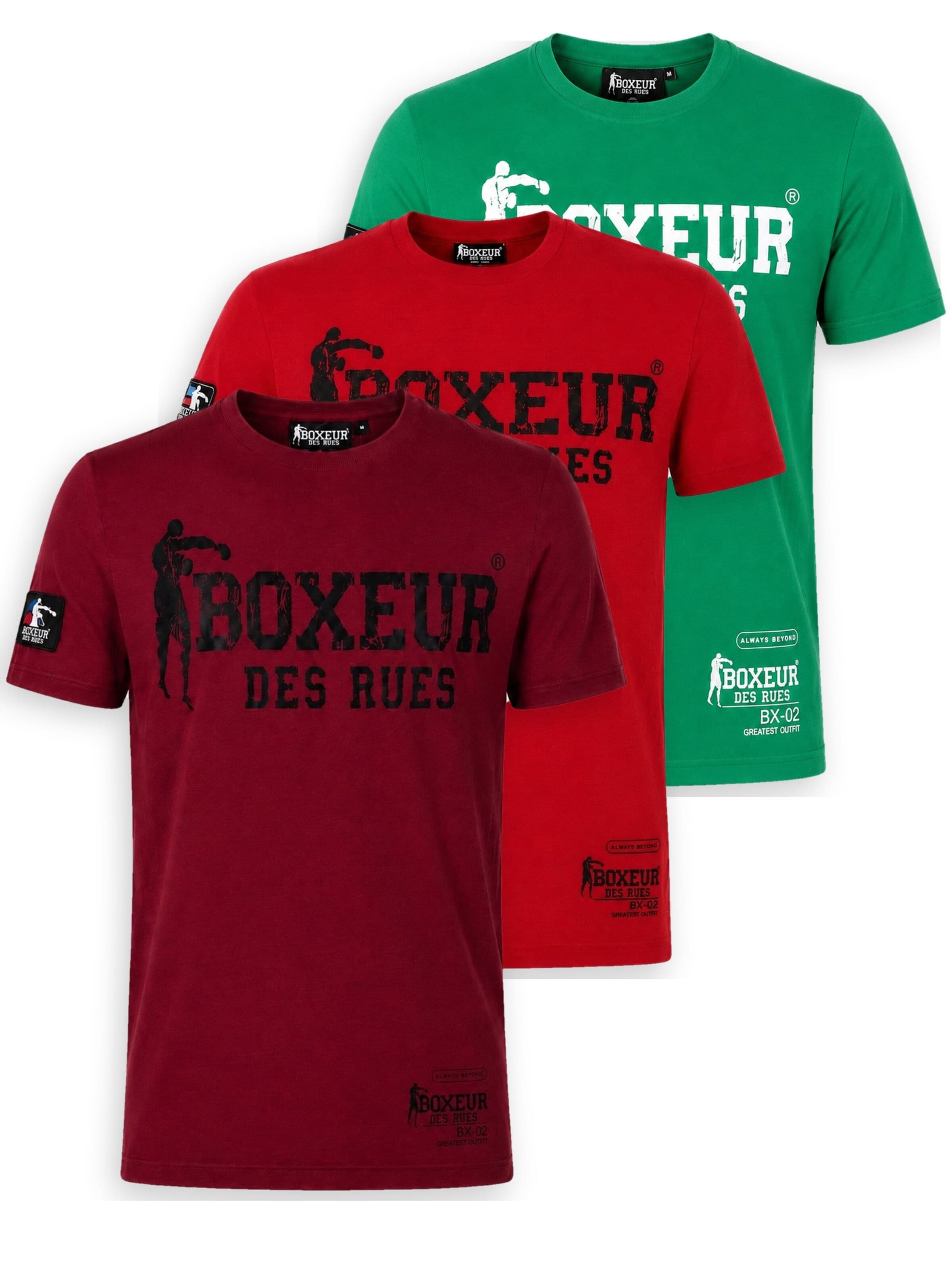 Boxeur des Rues Shirt 'Herren T-Shirt 3er-Pack Boxeur des Rues Slim Fit: Bordeaux + Rot, Schwarzes Logo + Grasgrün, Weißes Logo'‌‌‌‌‌‌‌‌ in XS/Regular in mischfarben, Produktansicht