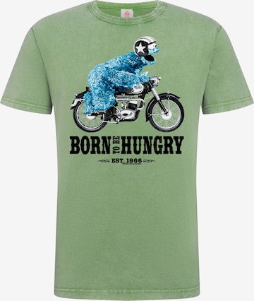 LOGOSHIRT Shirt 'Sesamstrasse - Krümelmonster Motorrad' in Green: front