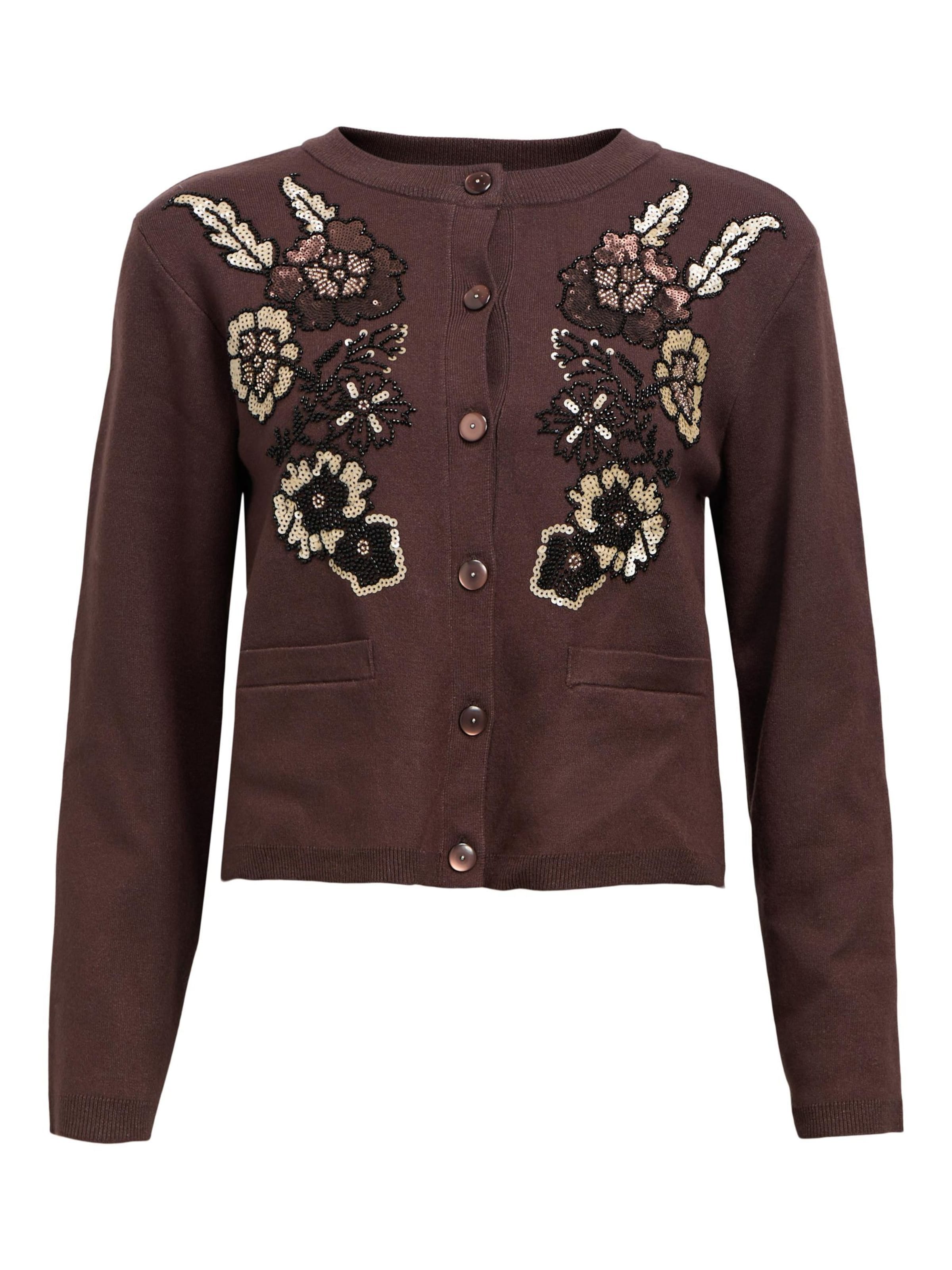 OBJECT Πλεκτή ζακέτα 'OBJPandora' σε σκούρο καφέ / μαύρο / λευκό, Άποψη προϊόντος