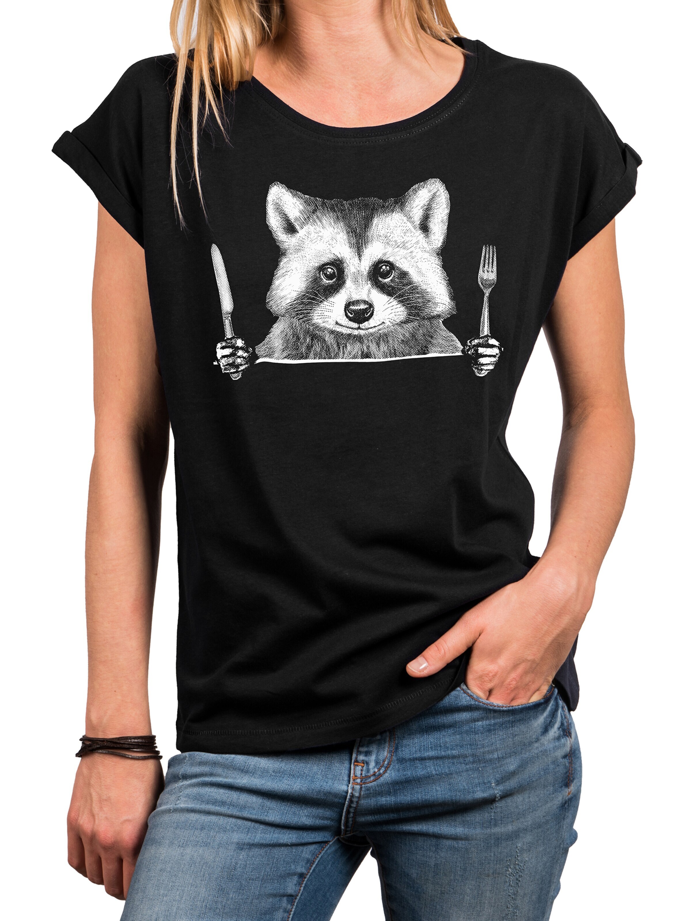 MAKAYA Shirt 'Waschbär Gabel' in Black