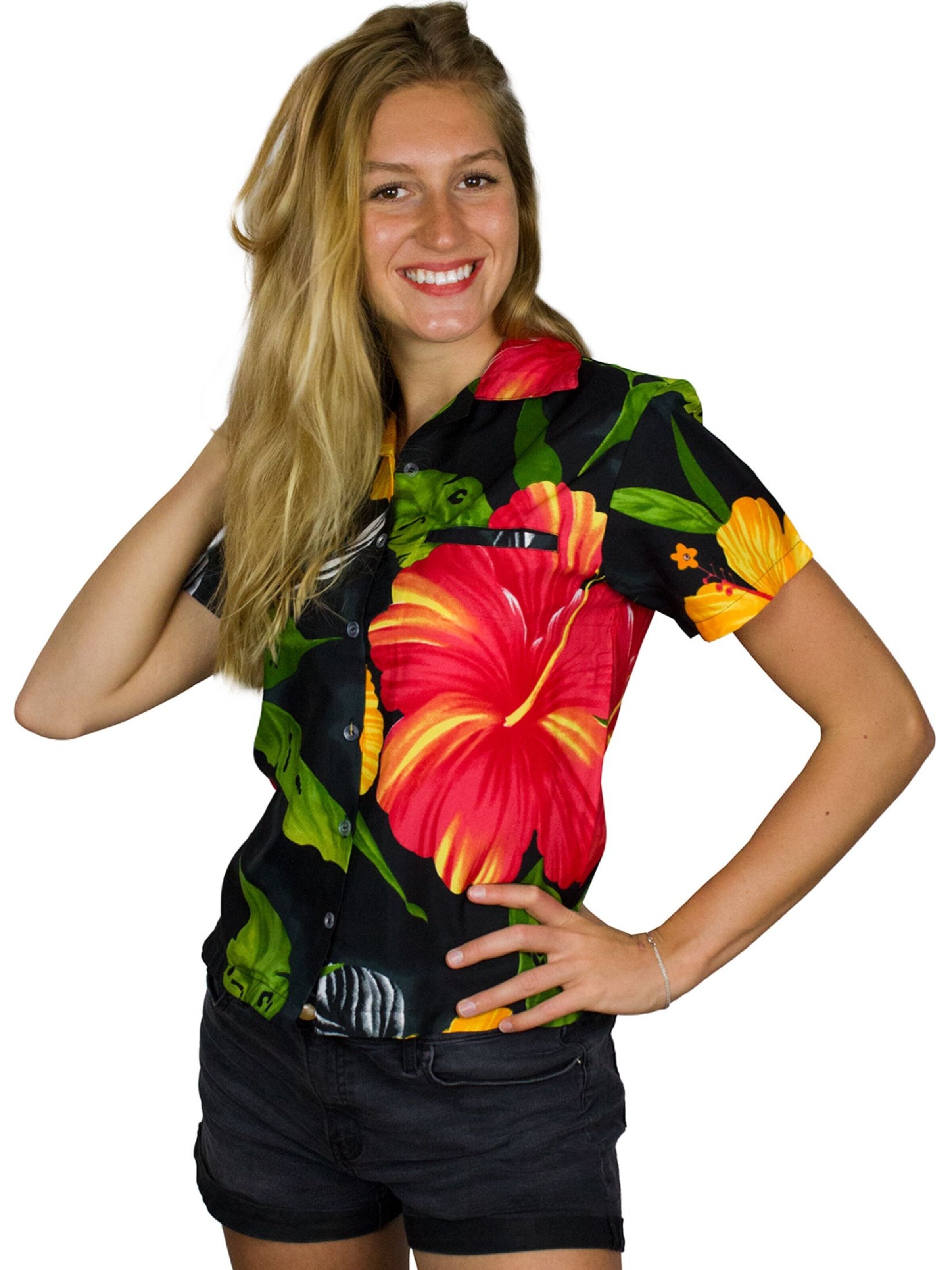 King Kameha Blouse 'Big Flower' in Zwart