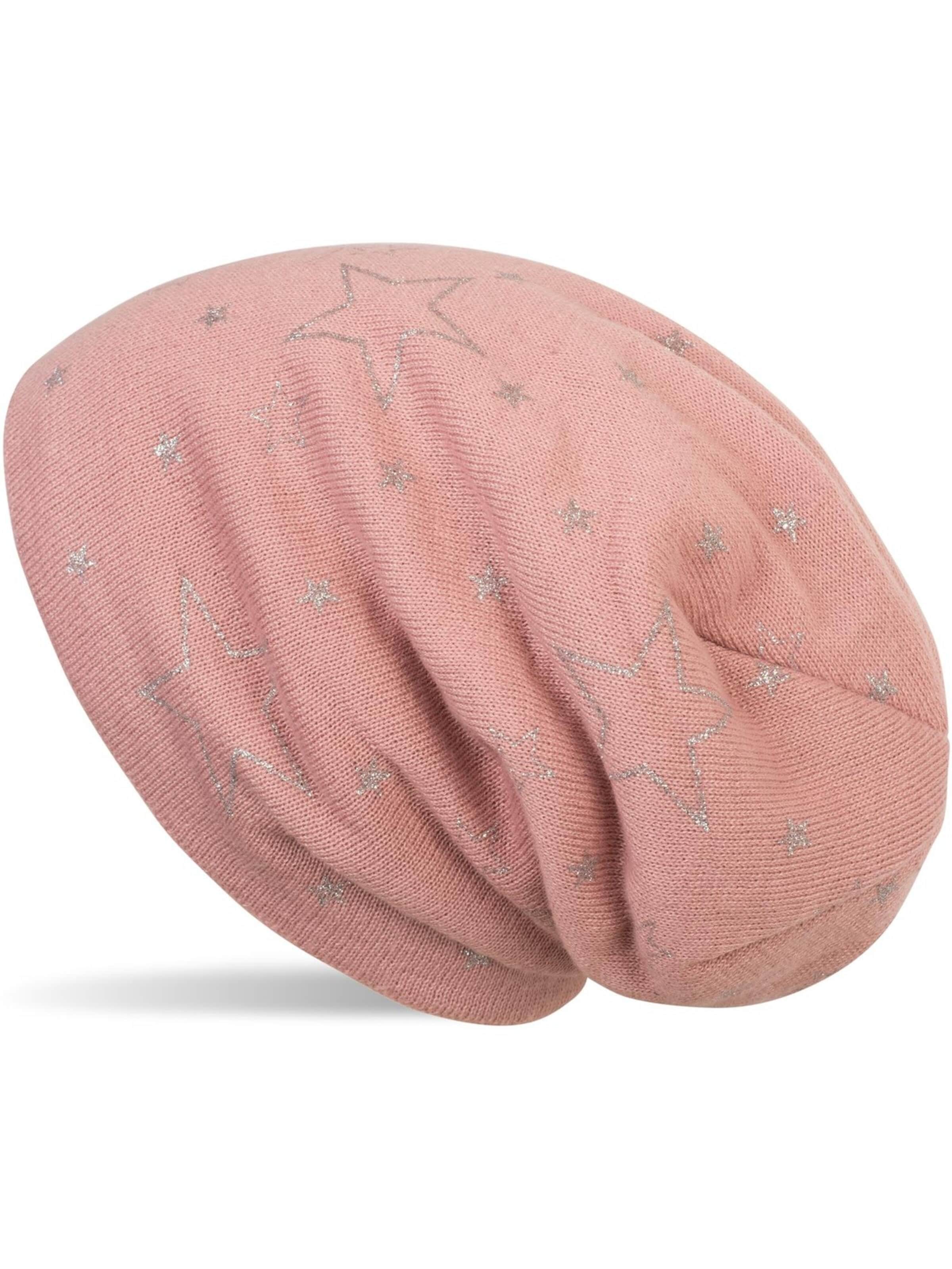 styleBREAKER Beanie 'Feinstrick Beanie mit Glitzer Stern Print' in Pink: front