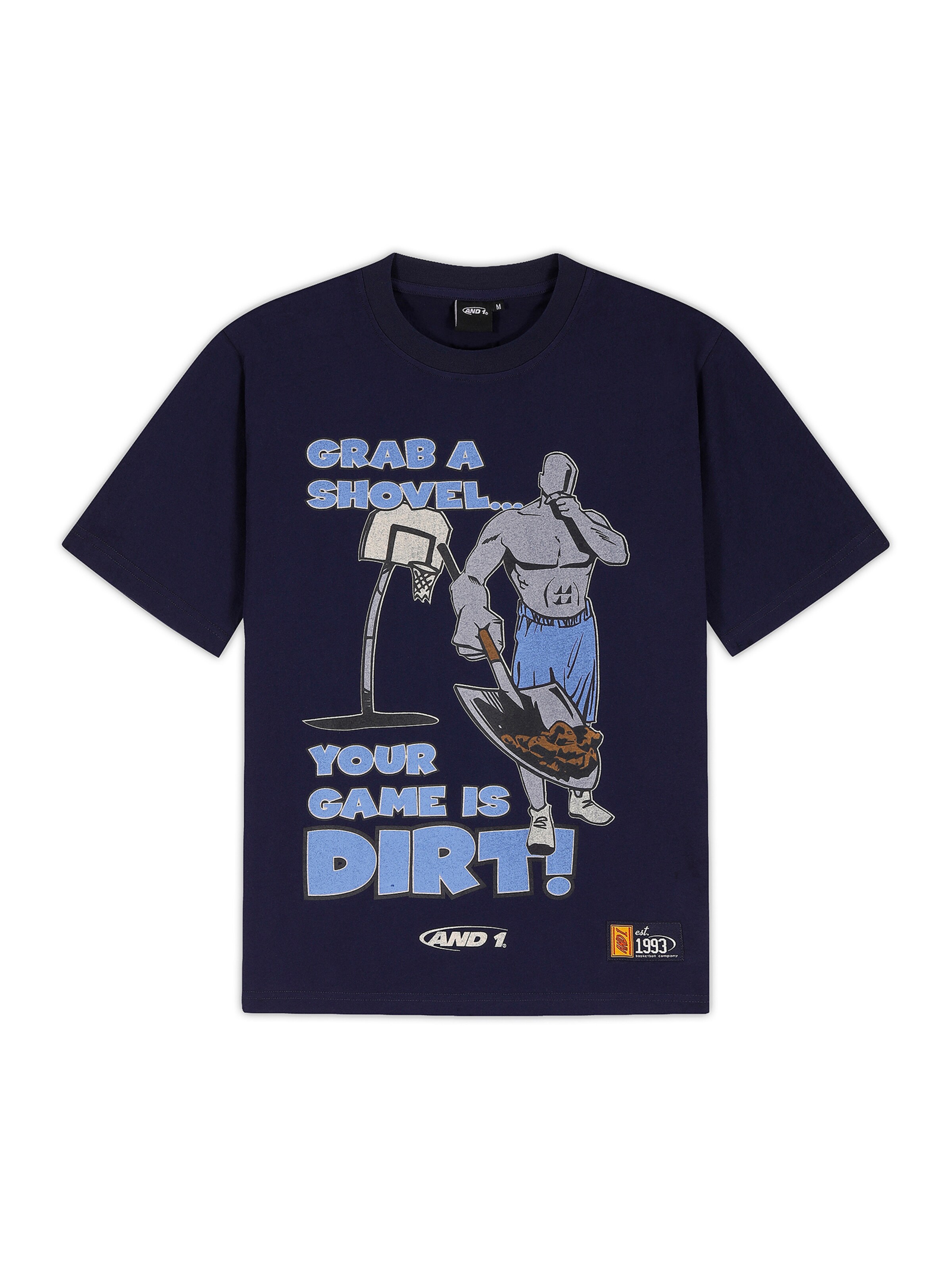 AND1 Tričko 'Grab a Shovel' – modrá: přední strana