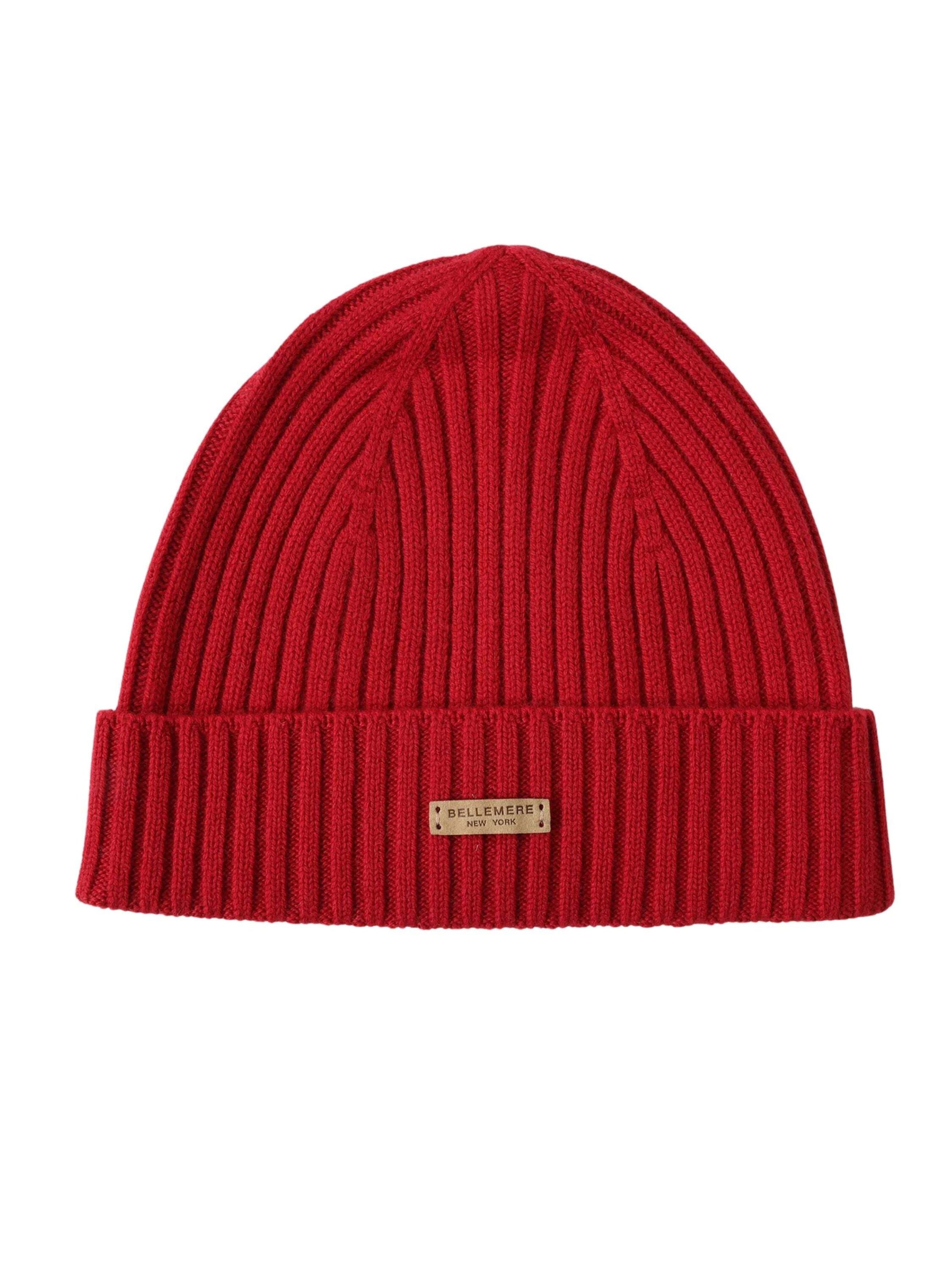 BELLEMERE NEW YORK Mütze 'Flach gerippte Strickmütze aus Merinowolle'‌‌‌‌‌‌‌ in Rot: Vorderseite