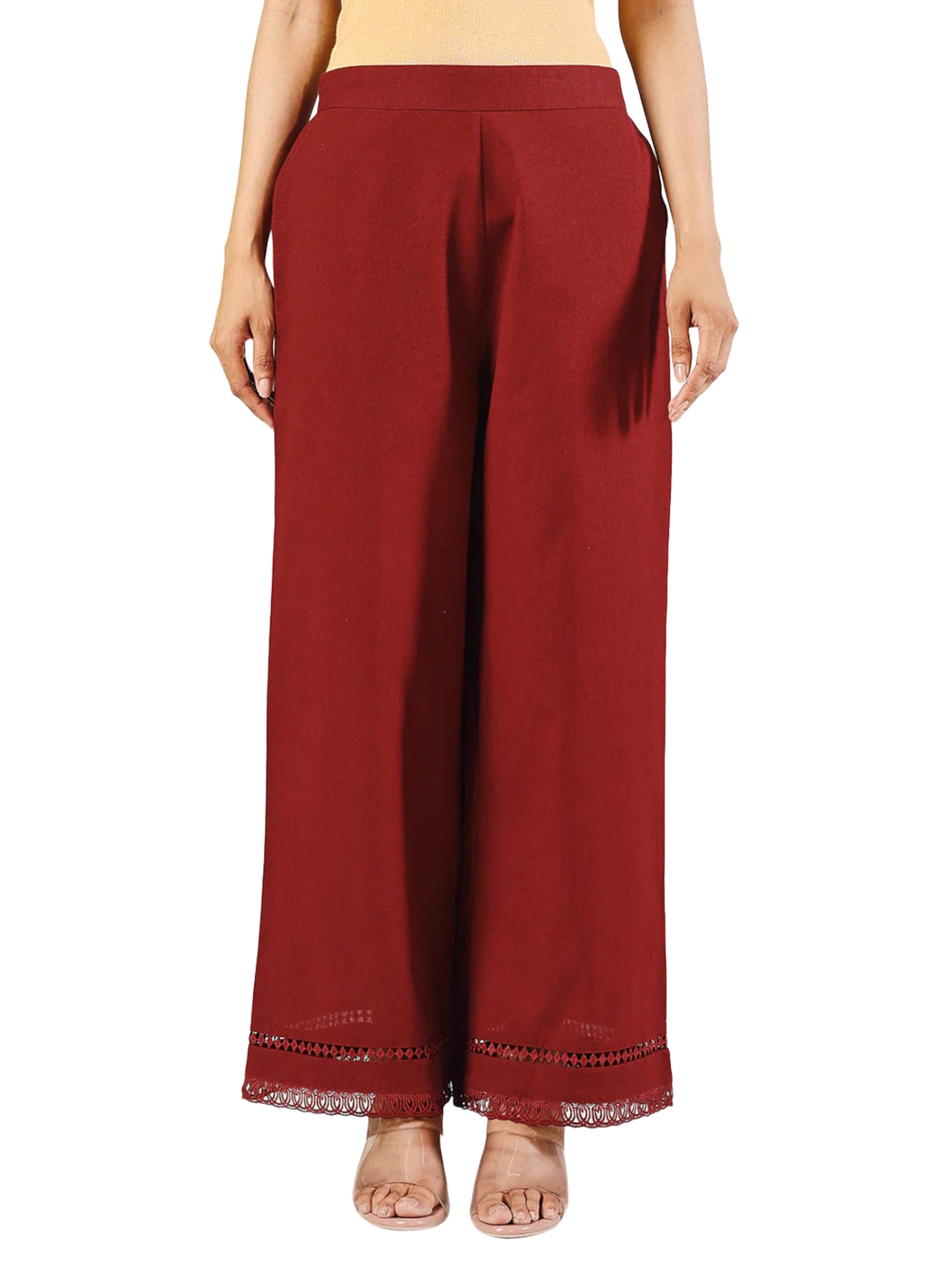 PfauGermany Wide Leg Hose 'Women's White Cotton Solid Palazzo with Lace'‌‌‌‌‌‌ in Rot: Vorderseite