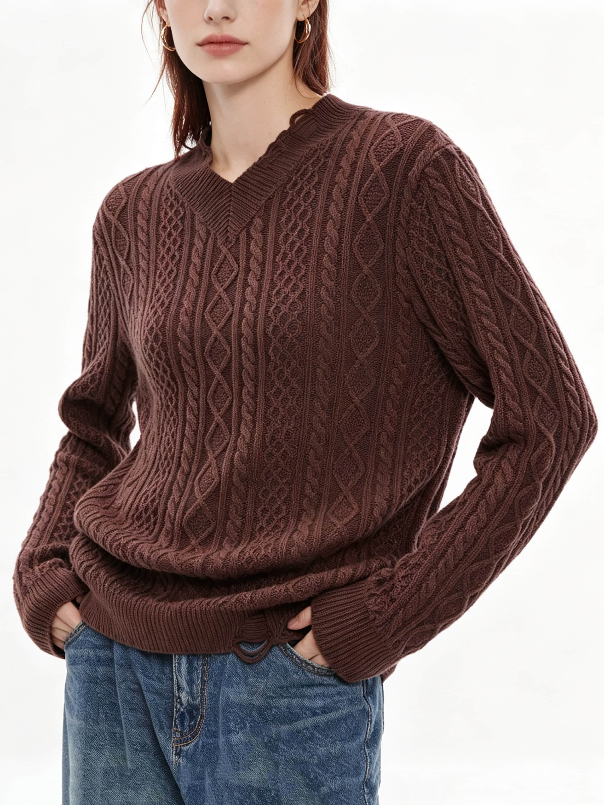 yoligex Pullover 'YOLIGEX Zopfmuster-Pullover Braun V-Ausschnitt'‌‌‌‌‌‌‌‌‌‌ in Braun