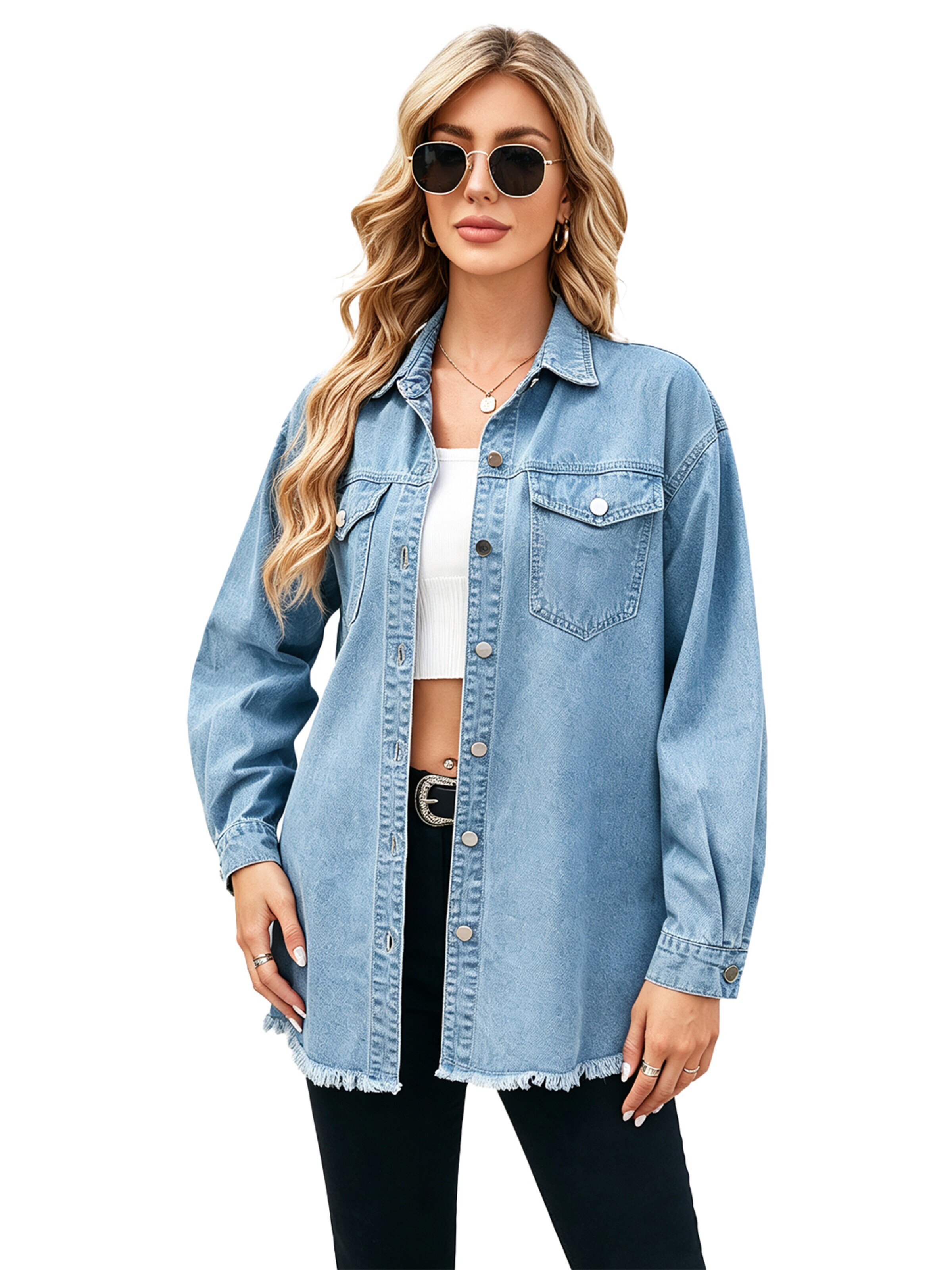 KoJooin Płaszcz letni 'Damen Übergrößen Jeansjacke mit Knopfleiste und Used-Look Trendige Denim Shacket für Herbstoutfits' w kolorze niebieski