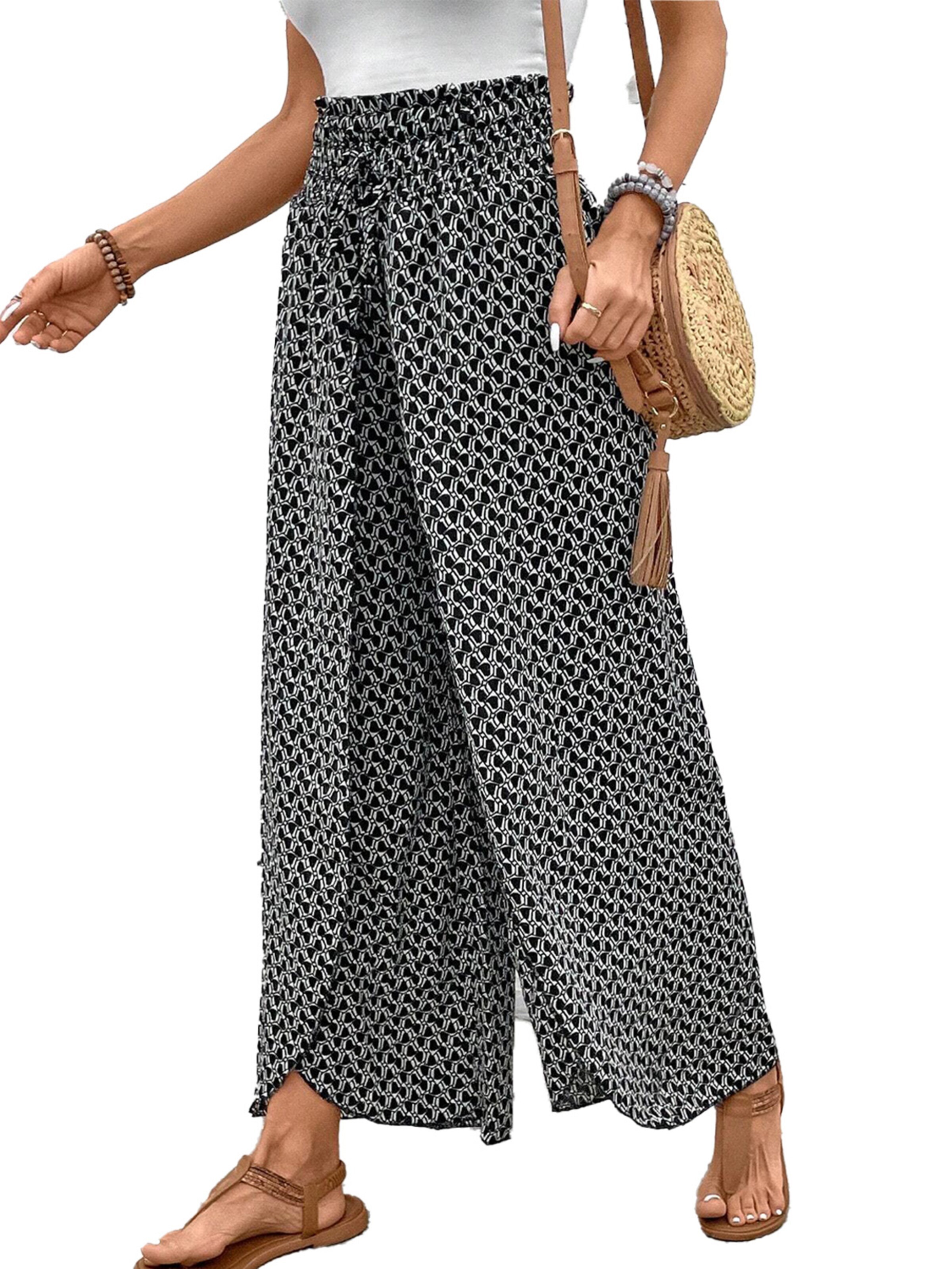 KoJooin Lużny krój Spodnie 'Damen Culotte Mit Floralem Muster, Elastischem Bund Und Seitlichem Schlitz Style Für Jeden Anlass' w kolorze czarny