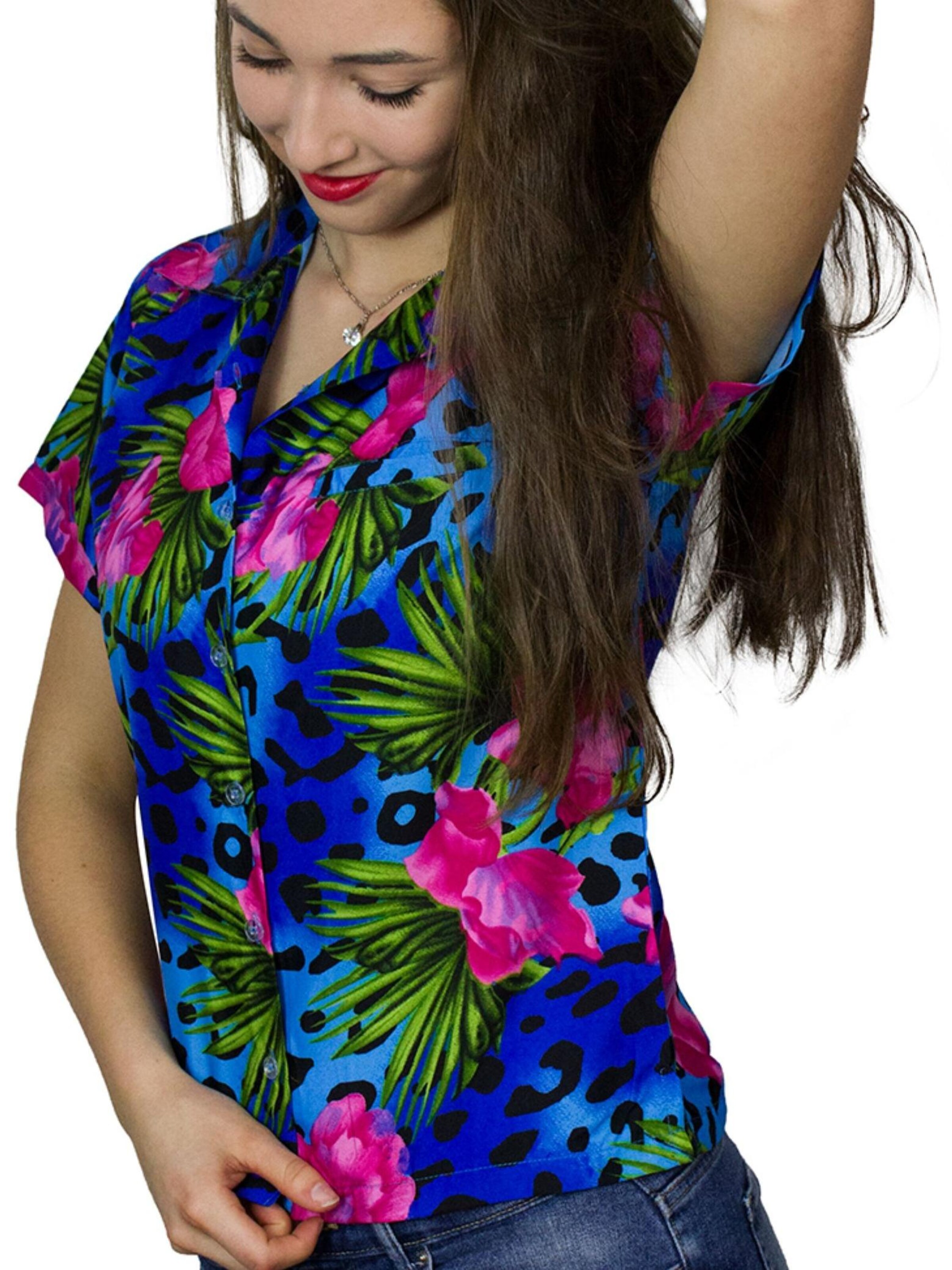 King Kameha Blouse 'Leopard Flowers' in Blue