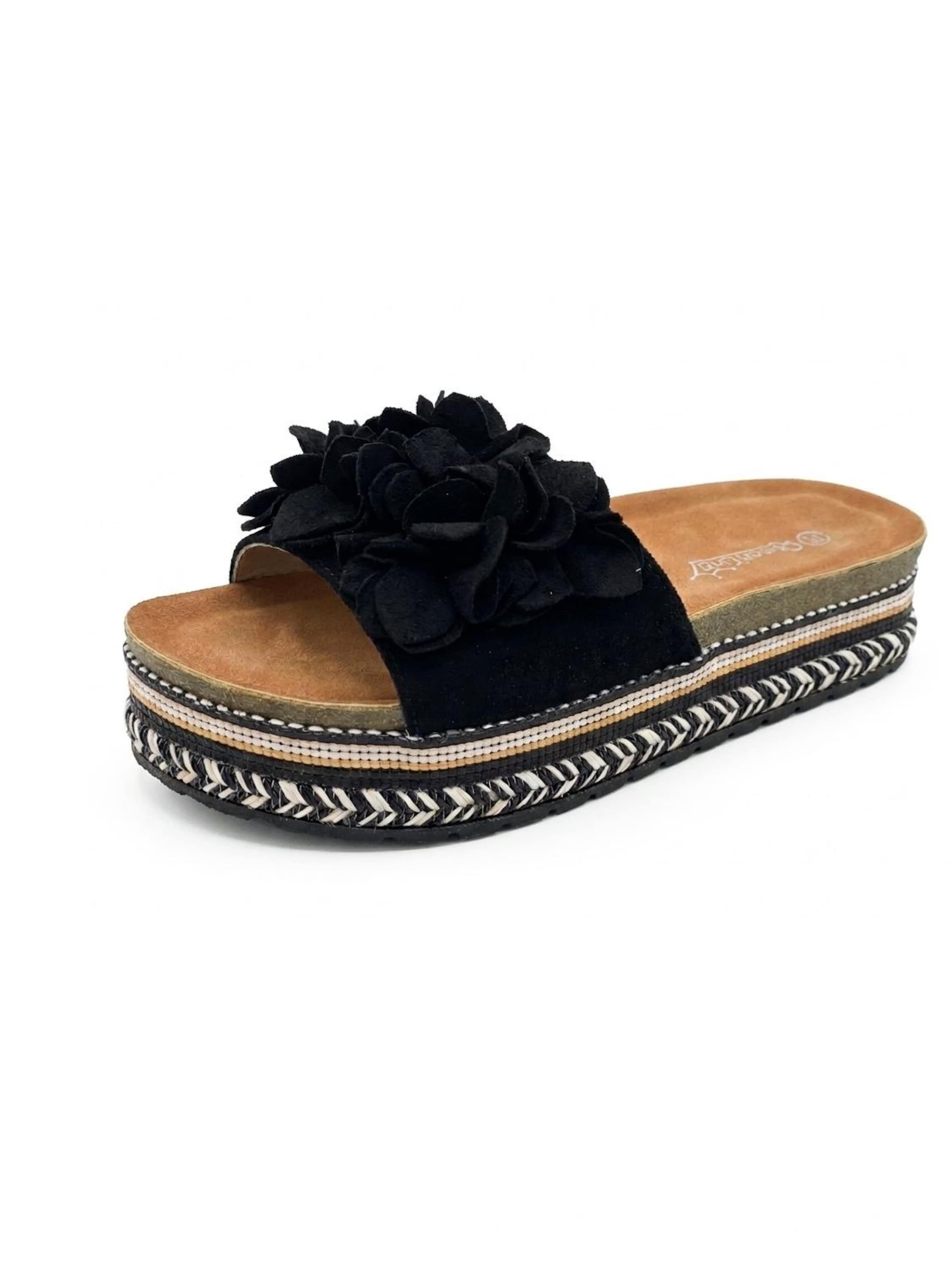 Pogolino Sandals 'Damen Sandalen Plateau Blumen Sandaletten Pantoletten TL891' in Black: front