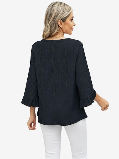 KoJooin Shirt 'Damen V‑Ausschnitt Diamantmuster Jacquard Lockerer Schlagärmel T‑Shirt, sieben Viertel Ärmel' in XXL/Regular in Black, Item view