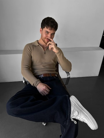 Kleidermafia Pullover 'Slim Fit Knit Zipper Polo Sweater - Camel'‌‌‌‌‌ in Beige