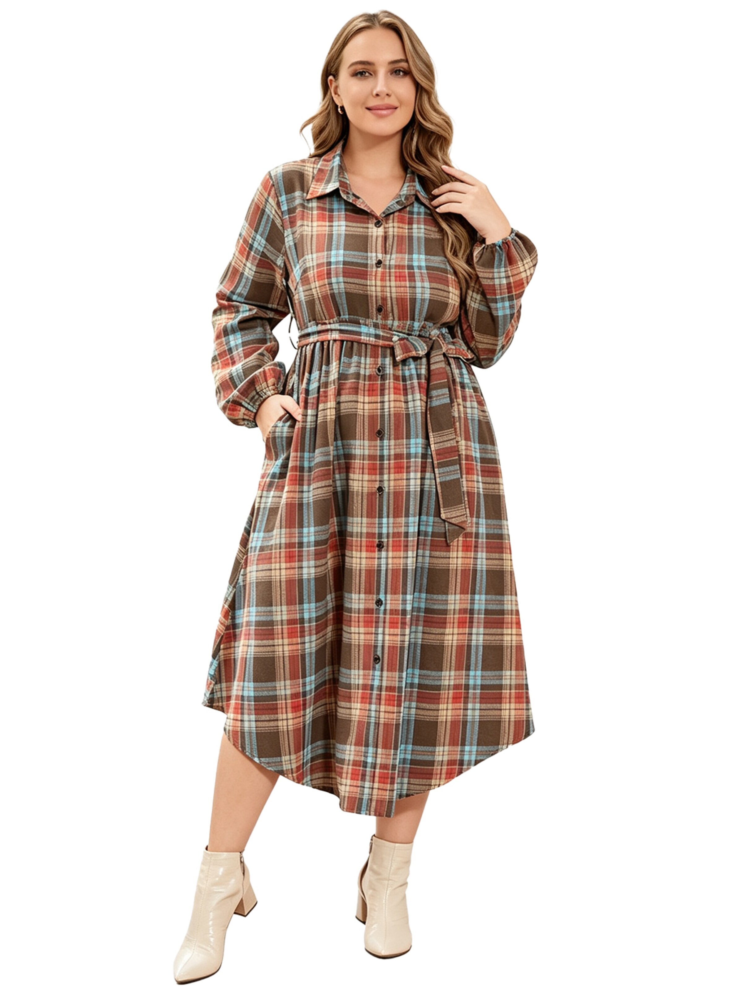 KoJooin Sukienka koszulowa 'Damen Plus Size Kariertes Kleid mit Bindeband, Knopfleiste, Taschen und geschwungenem Saum' w kolorze zielony: przód