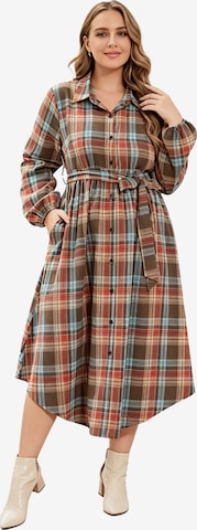 KoJooin Sukienka koszulowa 'Damen Plus Size Kariertes Kleid mit Bindeband, Knopfleiste, Taschen und geschwungenem Saum' w kolorze zielony: przód