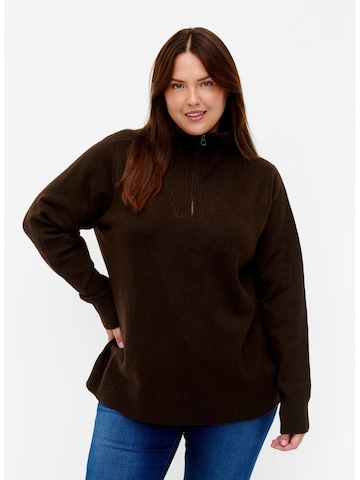 Zizzi Sweatshirt 'Msunny' in Bruin: voorkant