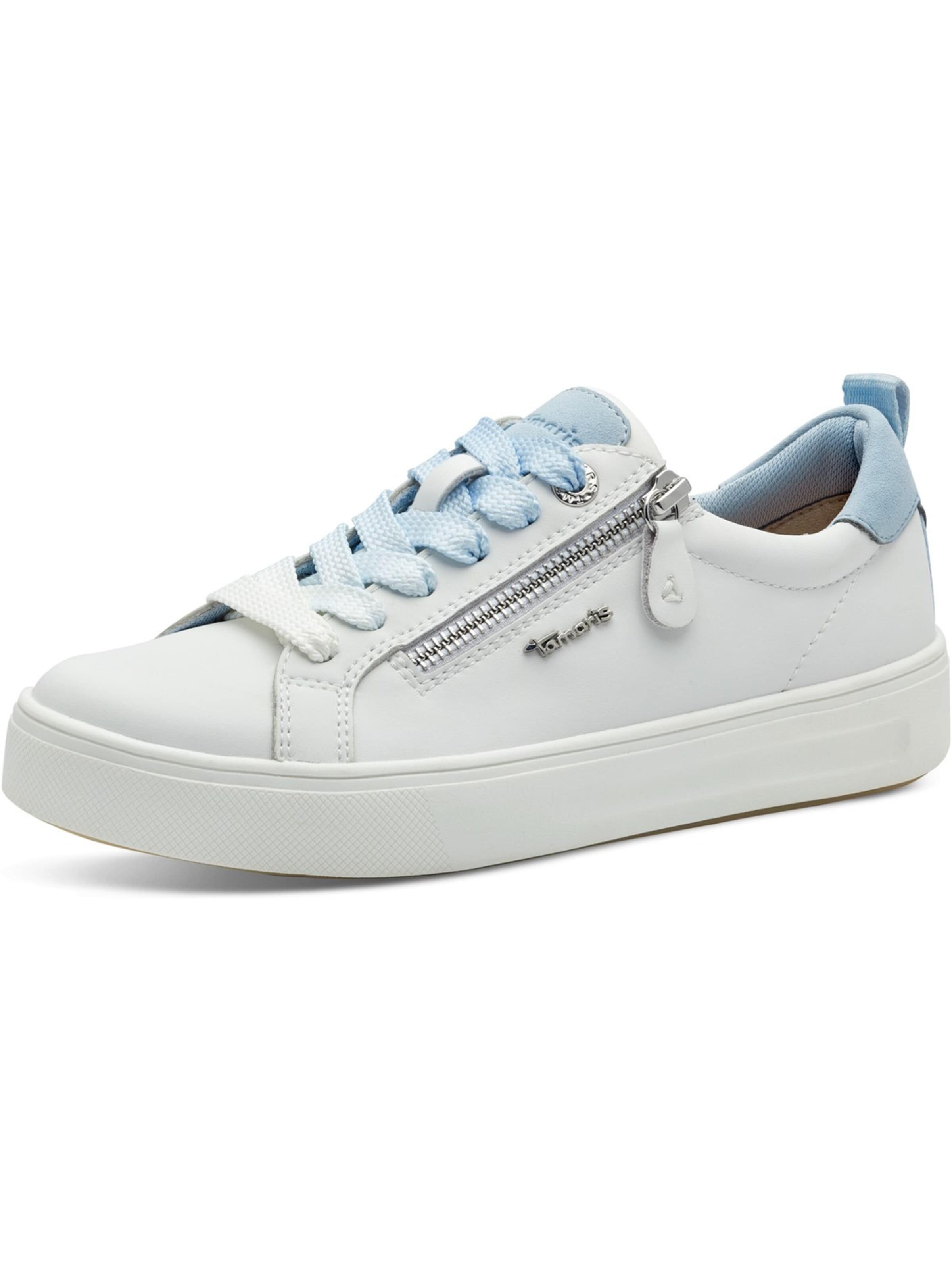 Tamaris Wide Fit Sneakers 'Tamaris Comfort Sneaker - Weiß / Blau Leder/Textil' in White: front