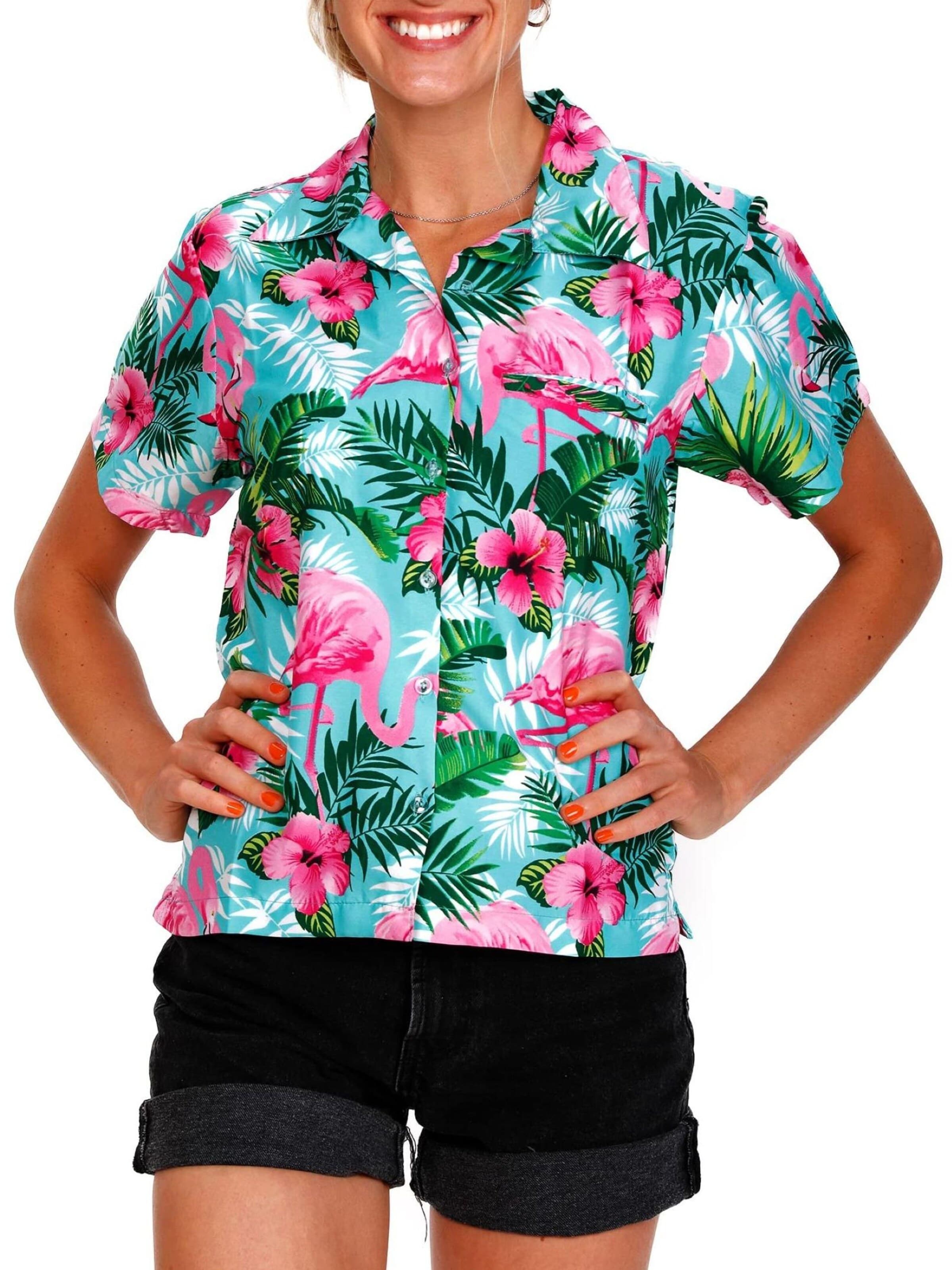 King Kameha Bluse 'Flamingo Flowers'‌‌‌‌‌‌‌‌‌‌ in Blau: Vorderseite