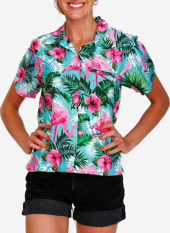 Camicia da donna 'Flamingo Flowers' di King Kameha in blu: frontale