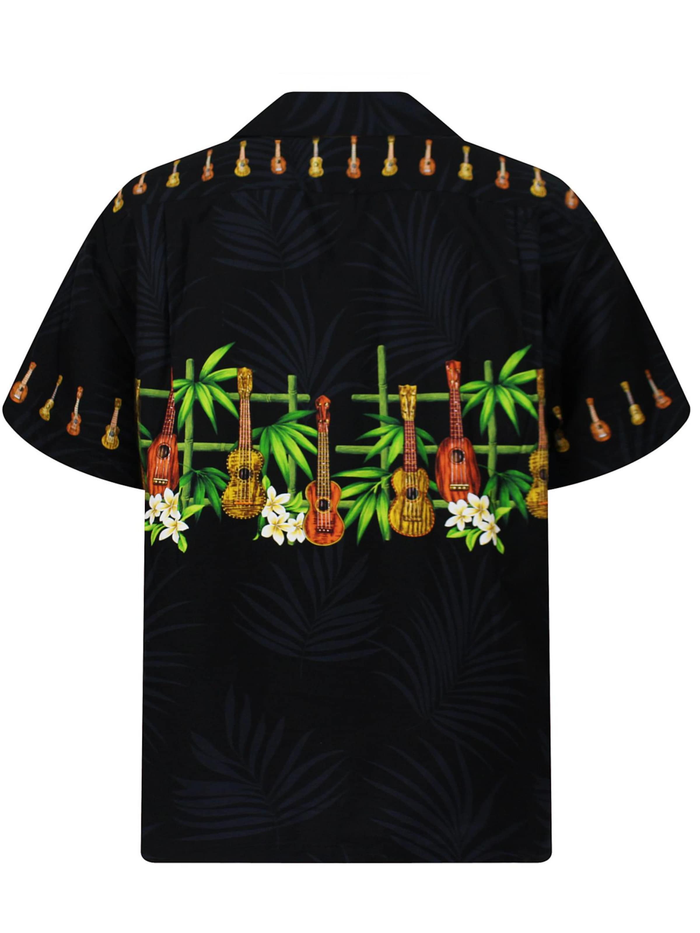 Pacific Legend Regular fit Button Up Shirt 'Gitarre Bambus Brustdruck' in Black