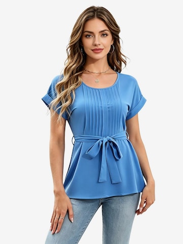 KoJooin Bluse 'Damen-T-Shirts, Kurzarm, Sommertops, plissiert,mit Bindeband vorne, lässige Blusen, Kleidung' in Blau: Vorderseite