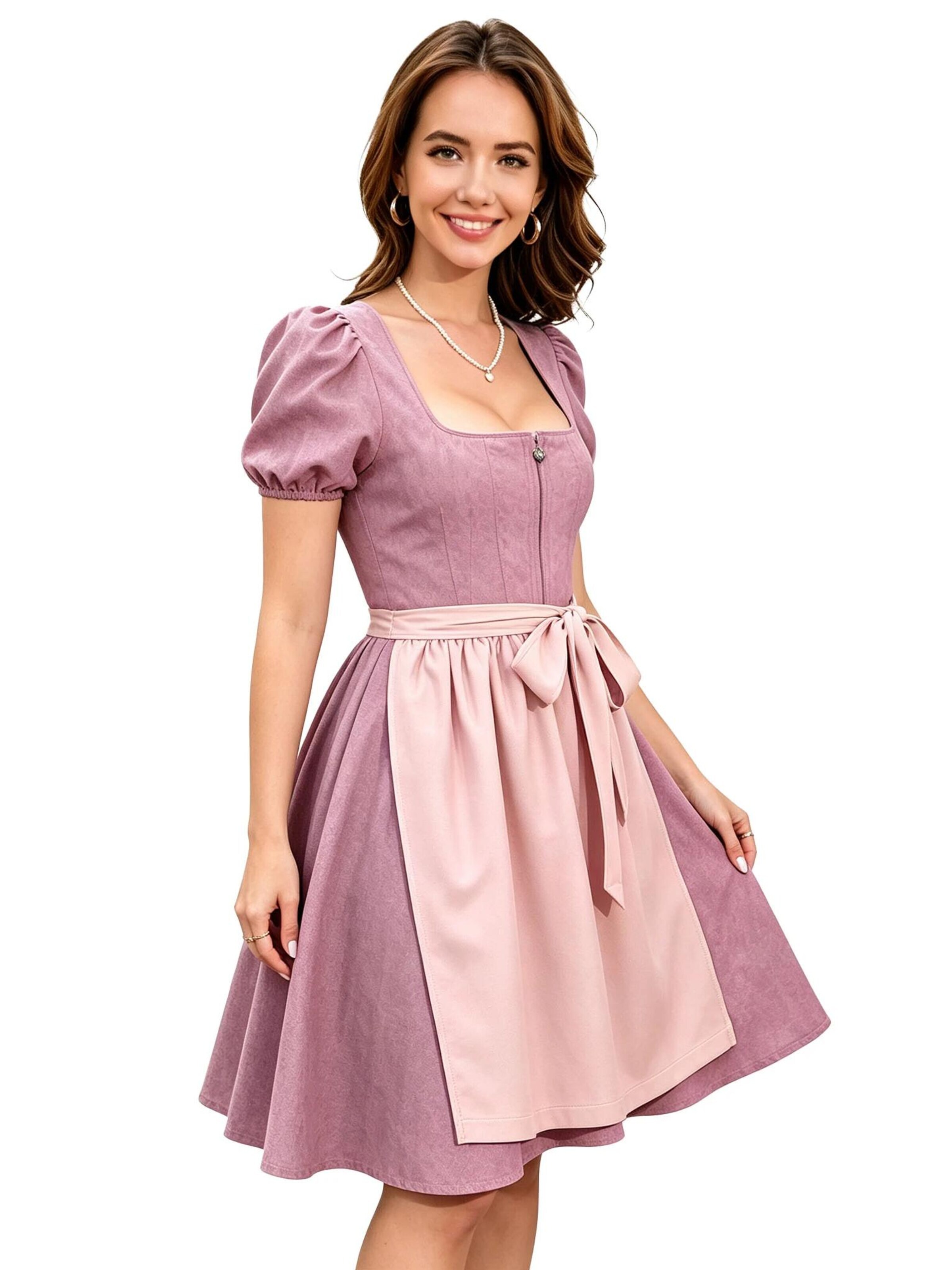 KoJooin Dirndl 'Damen Zweiteiliges Oktoberfest-Set Kunstleder-Optik Kleid mit verstellbarer Schürze Dirndl-Kleid' w kolorze różowy