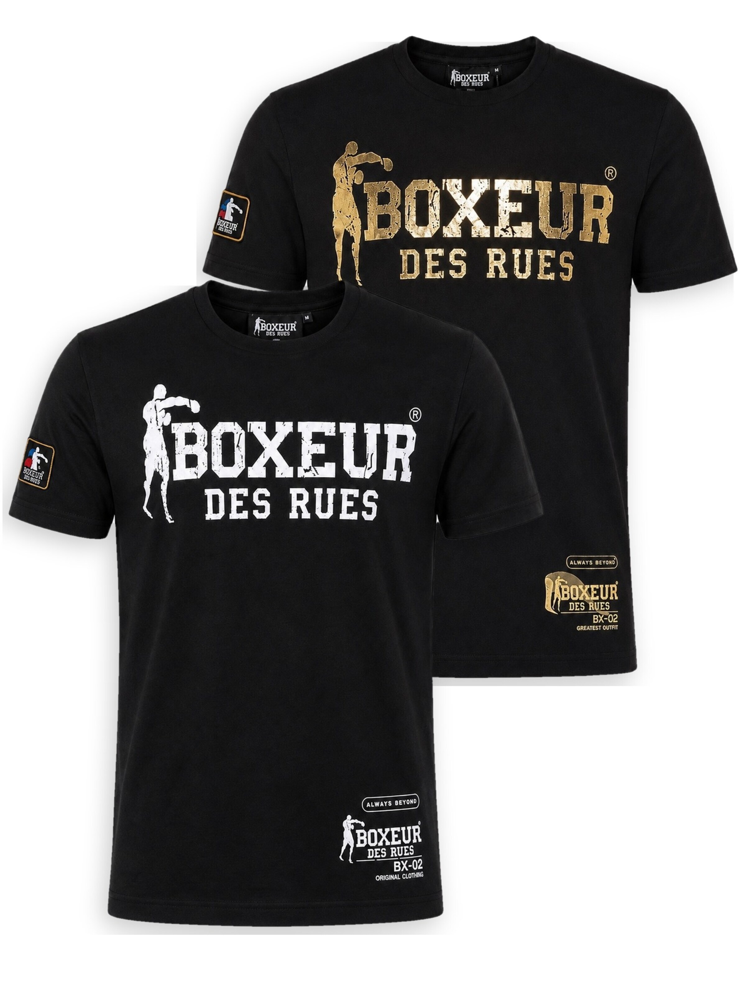 Boxeur des Rues - Camiseta 'Herren T-Shirt 2er-Pack Boxeur des Rues Slim Fit: Schwarz, Weißes Logo + Schwarz, Goldenes Logo' en negro: frente