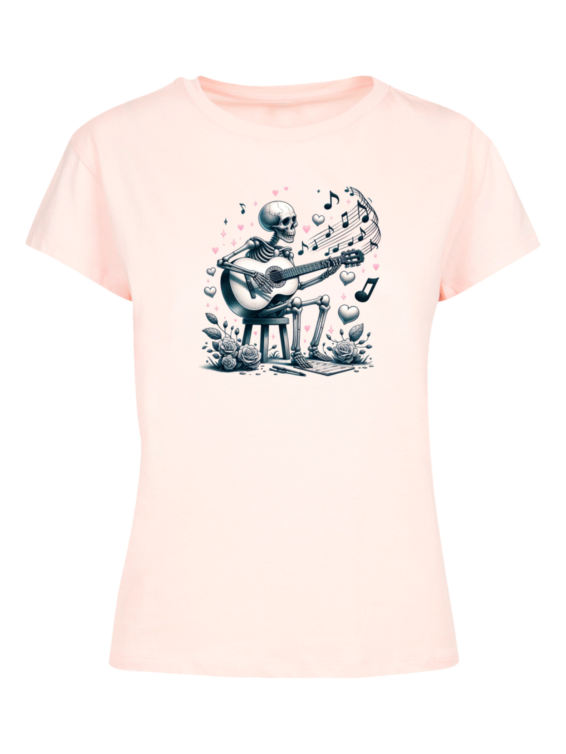 F4NT4STIC Shirt 'Skelett spielt Gitarre, Musik, Liebe' in Roze: voorkant
