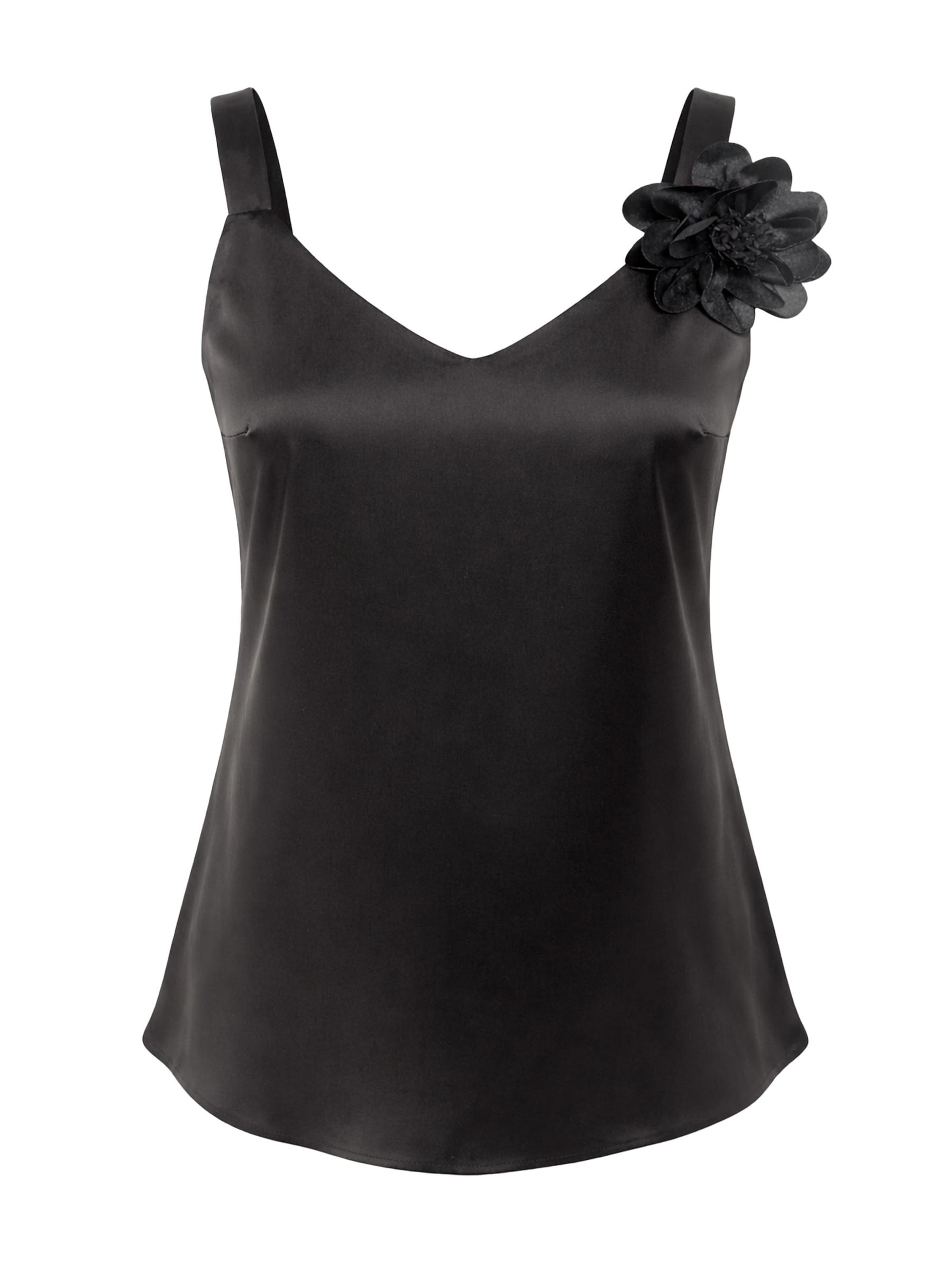 Haut 'V-Neck Satin Top with 3D Flower Detail' REGINA FASHION en noir : devant