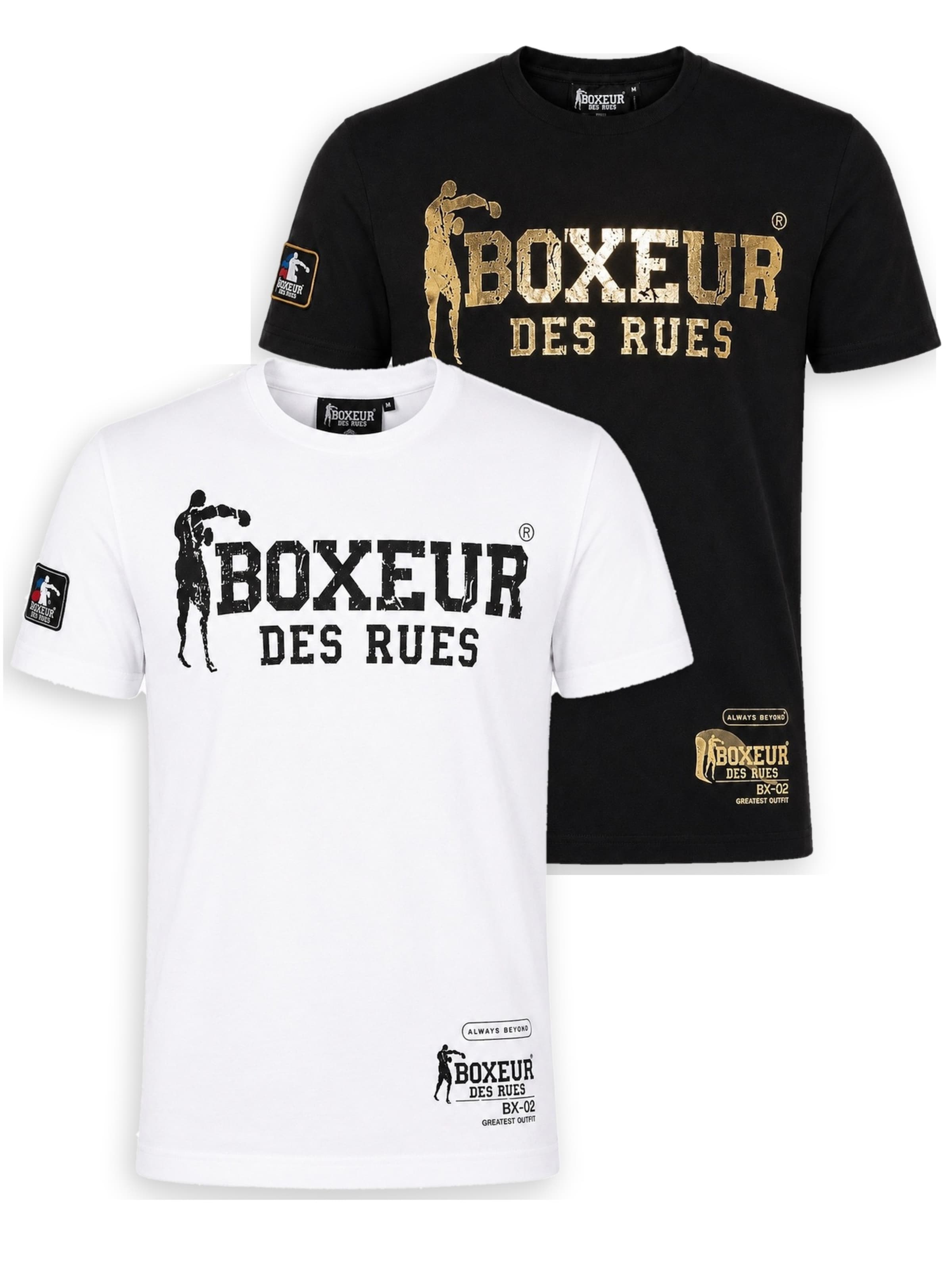 Boxeur des Rues - Camiseta 'Herren T-Shirt 2er-Pack Boxeur des Rues Slim Fit: Weiß, Schwarzes Logo + Schwarz, Goldenes Logo' en Mezcla de colores: frente
