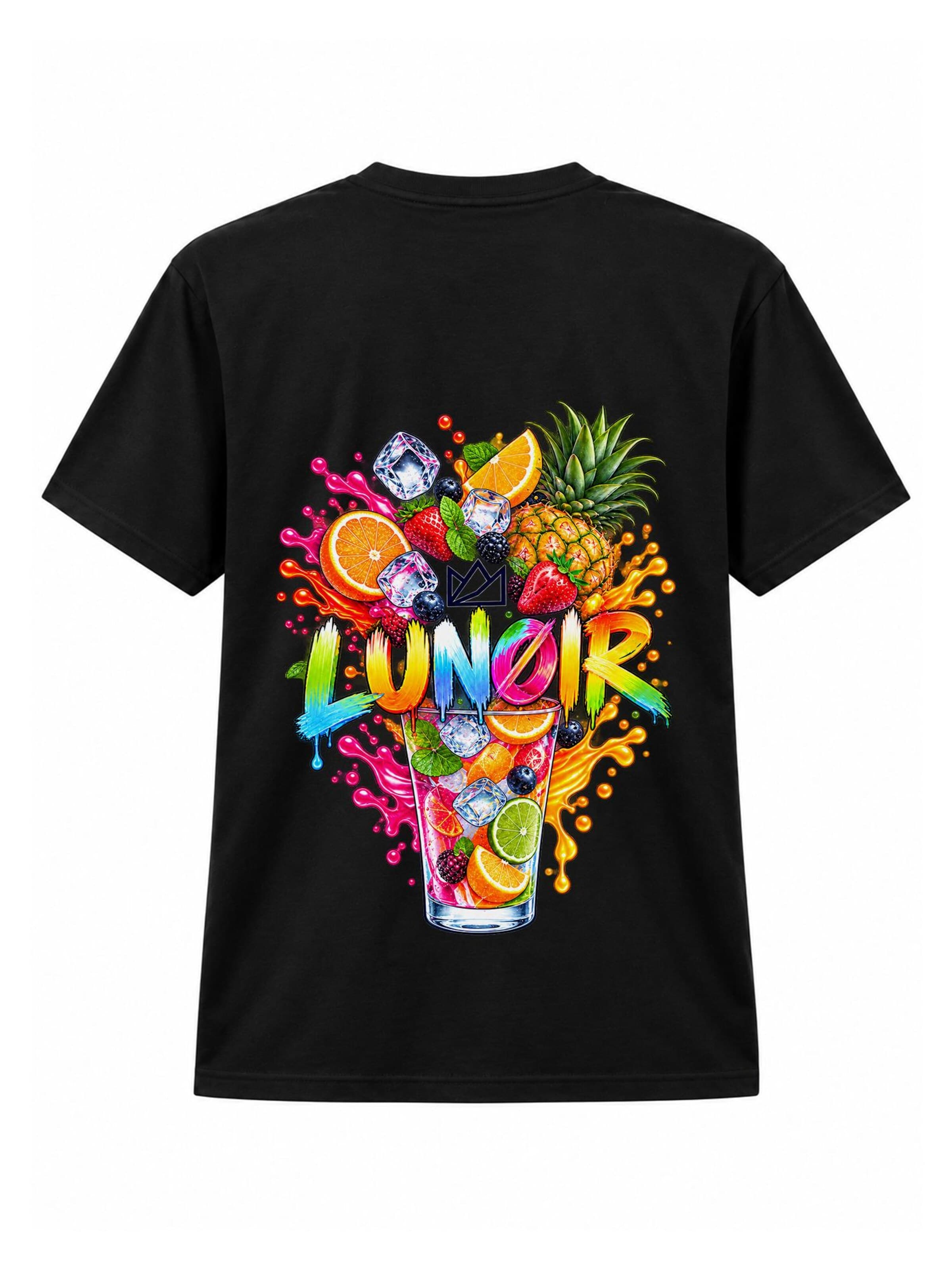 LUNØIR Studio Tričko 'Tropical Riot – Fruit Splash' – černá: přední strana
