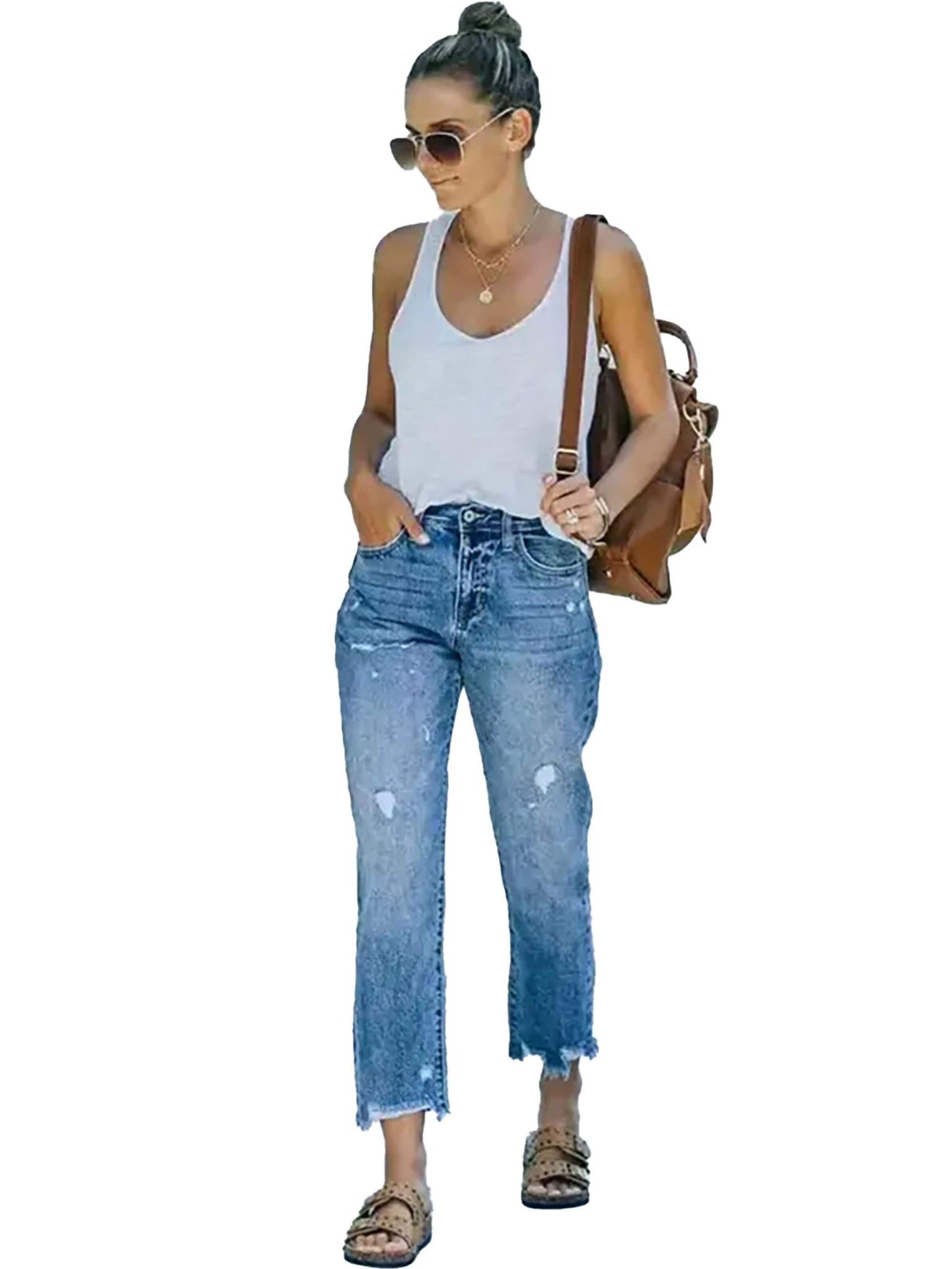 KoJooin Regular Jeans 'Damen 7/8 Straight Leg Jeans mit Used-Effekten und lässigen Destroyed-Details'‌‌‌‌‌‌‌‌‌‌ in Blau: Vorderseite