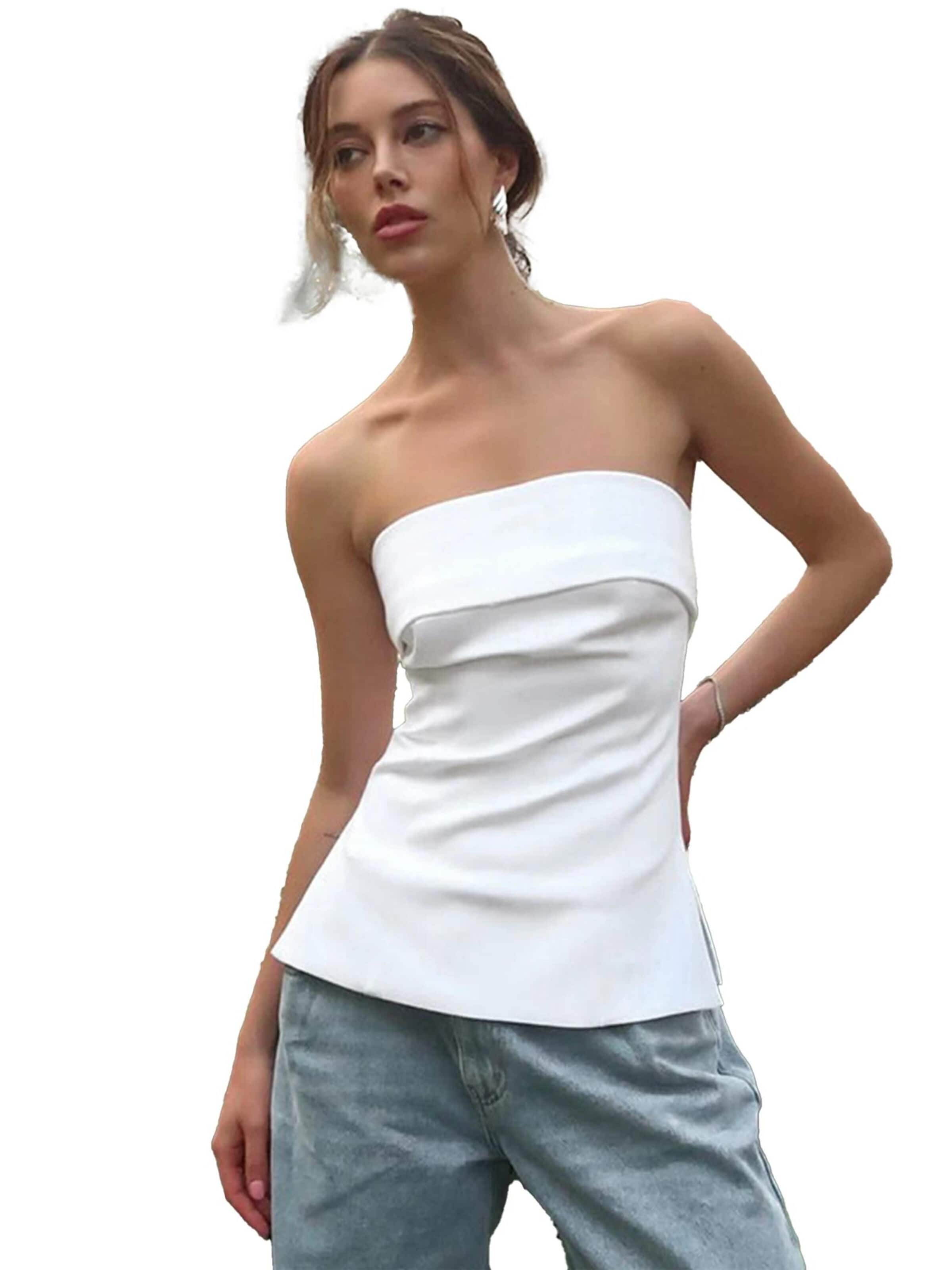 KoJooin Top 'Damen figurbetontes Sommer-Corsagen-Top in Uni,ärmellos mit Rücken,Bustier-Oberteil für Sommer' w kolorze biały