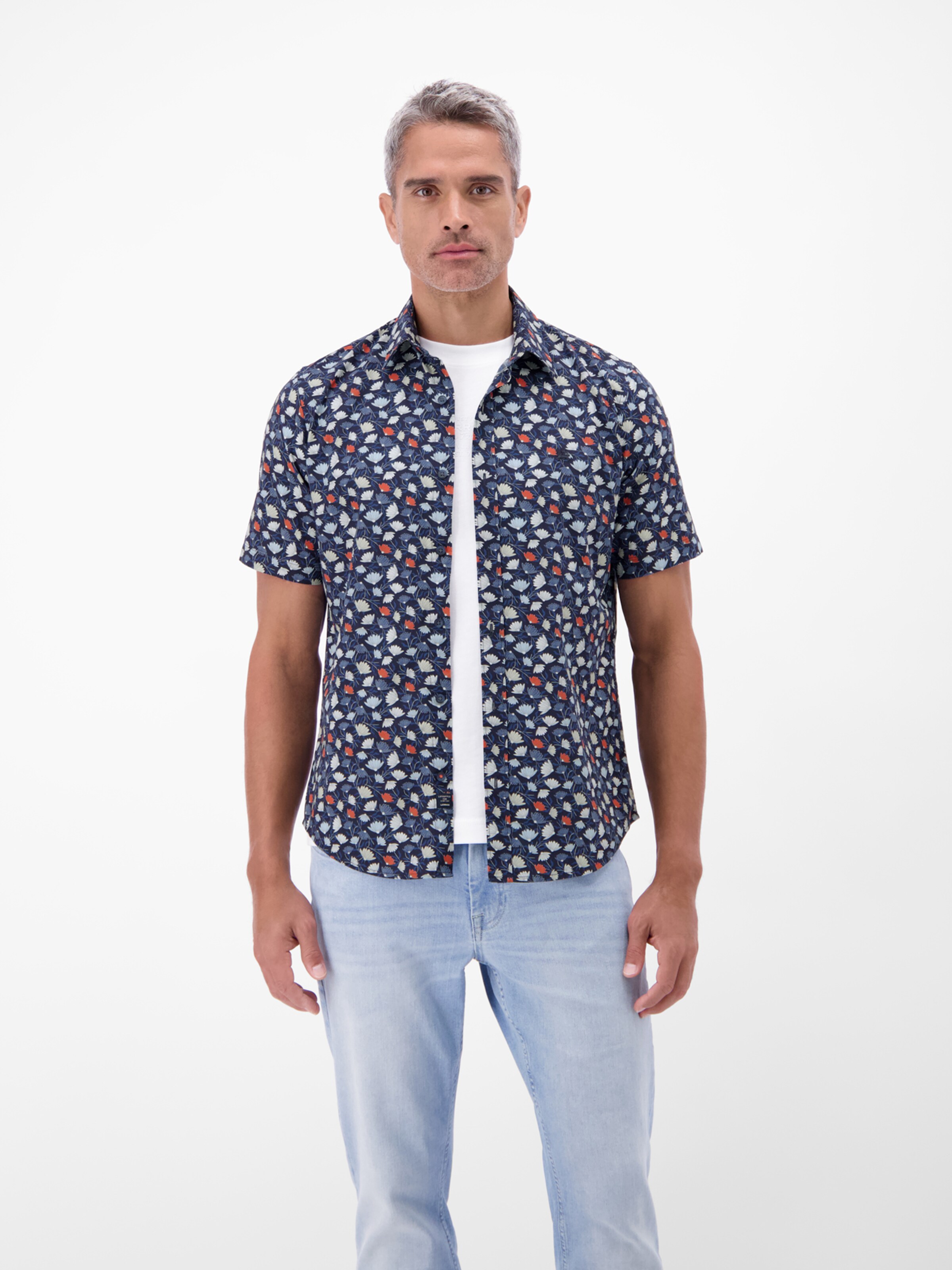 LERROS Regular Fit Floral bedrucktes Kurzarmhemd, 100 % Baumwolle in Blau