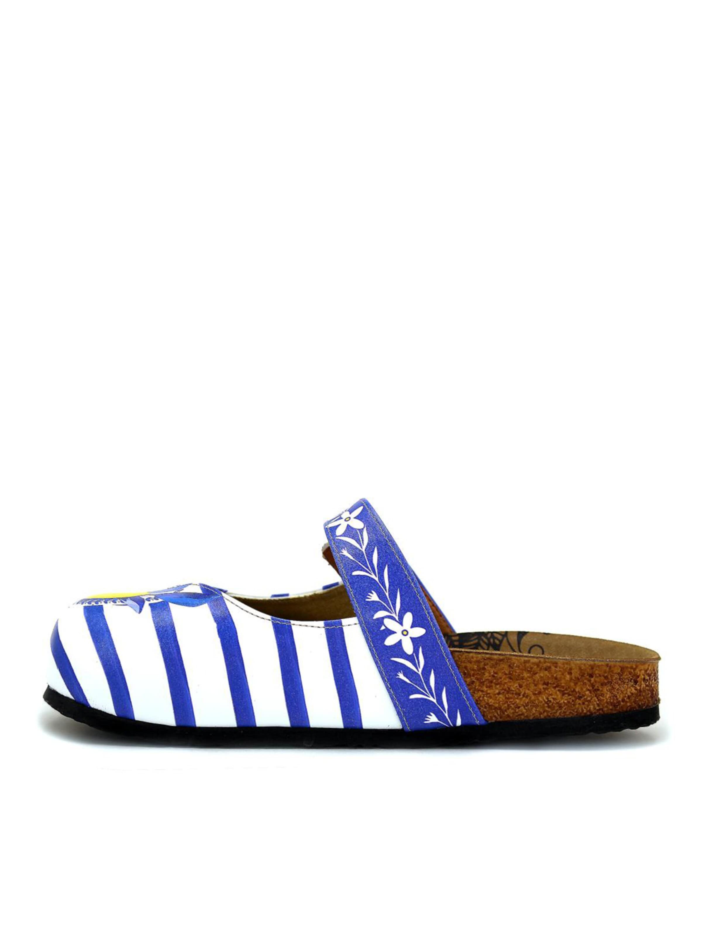 Goby Clogs 'Women Calceo White Clogs WCAL2215 with blue stripes and lemons' in Blauw