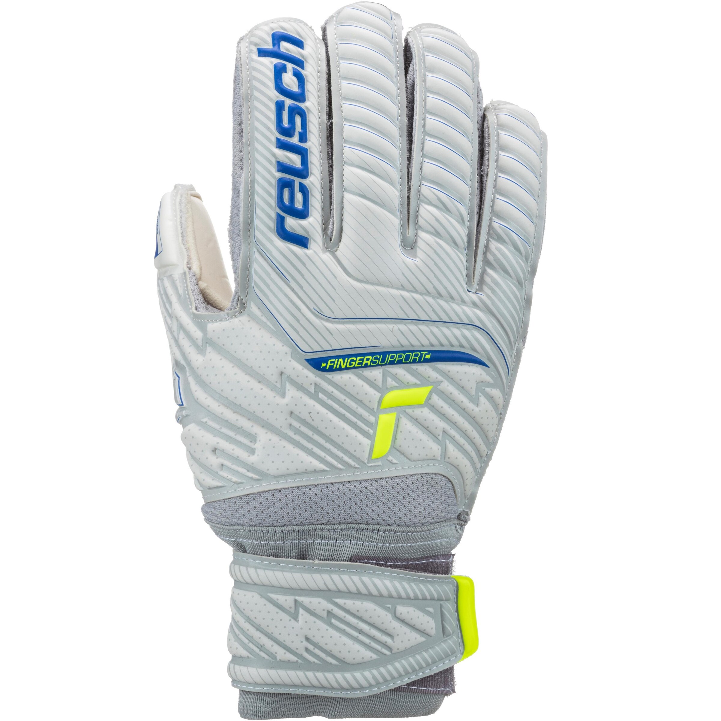 REUSCH Sporthandschoenen 'Attrakt Grip Finger Support' in de kleur Blauw / Neongeel / Lichtgrijs, Productweergave