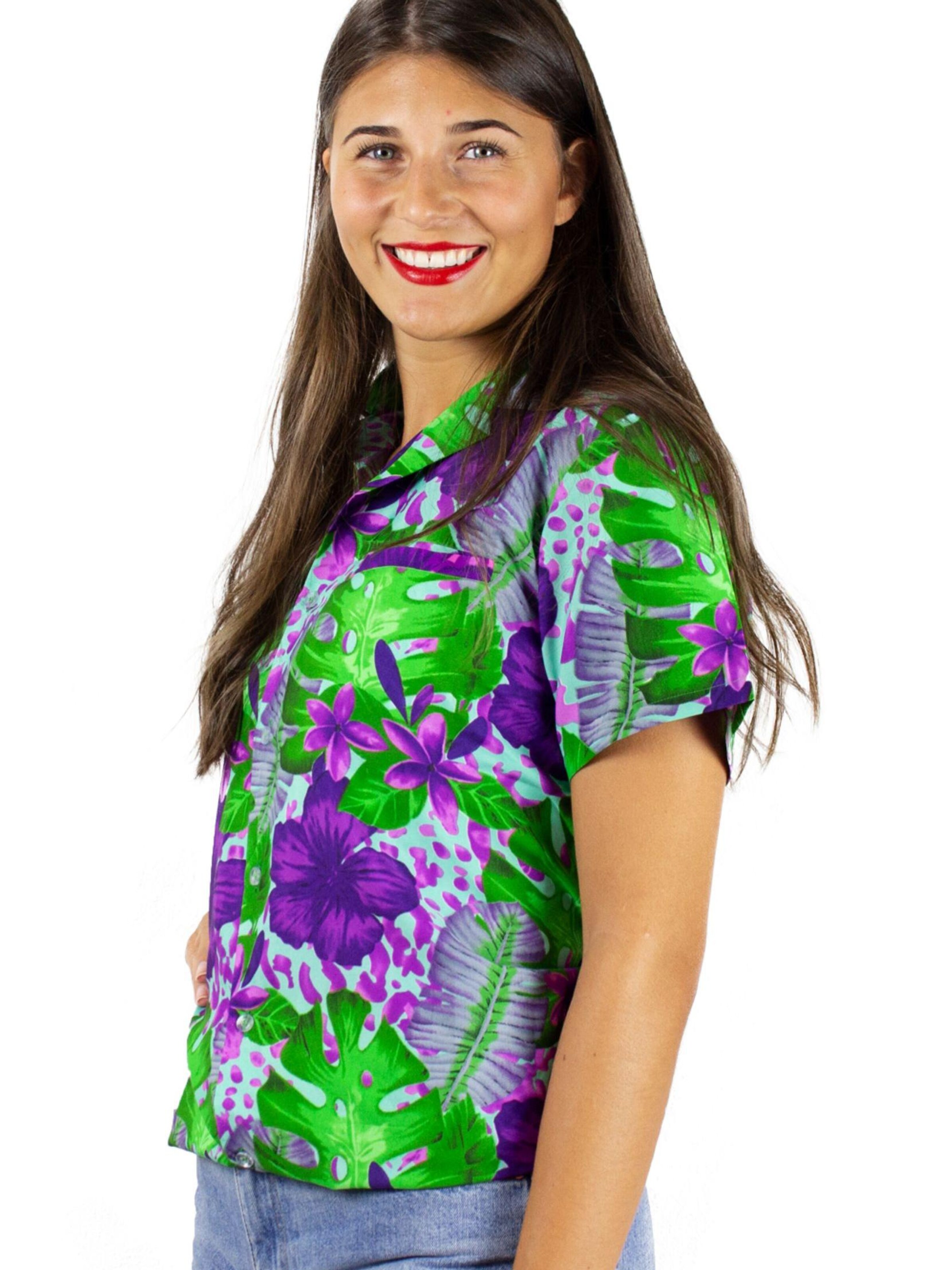 King Kameha Bluse 'Green Purple Flower'‌‌‌‌‌‌‌‌‌ in Blau