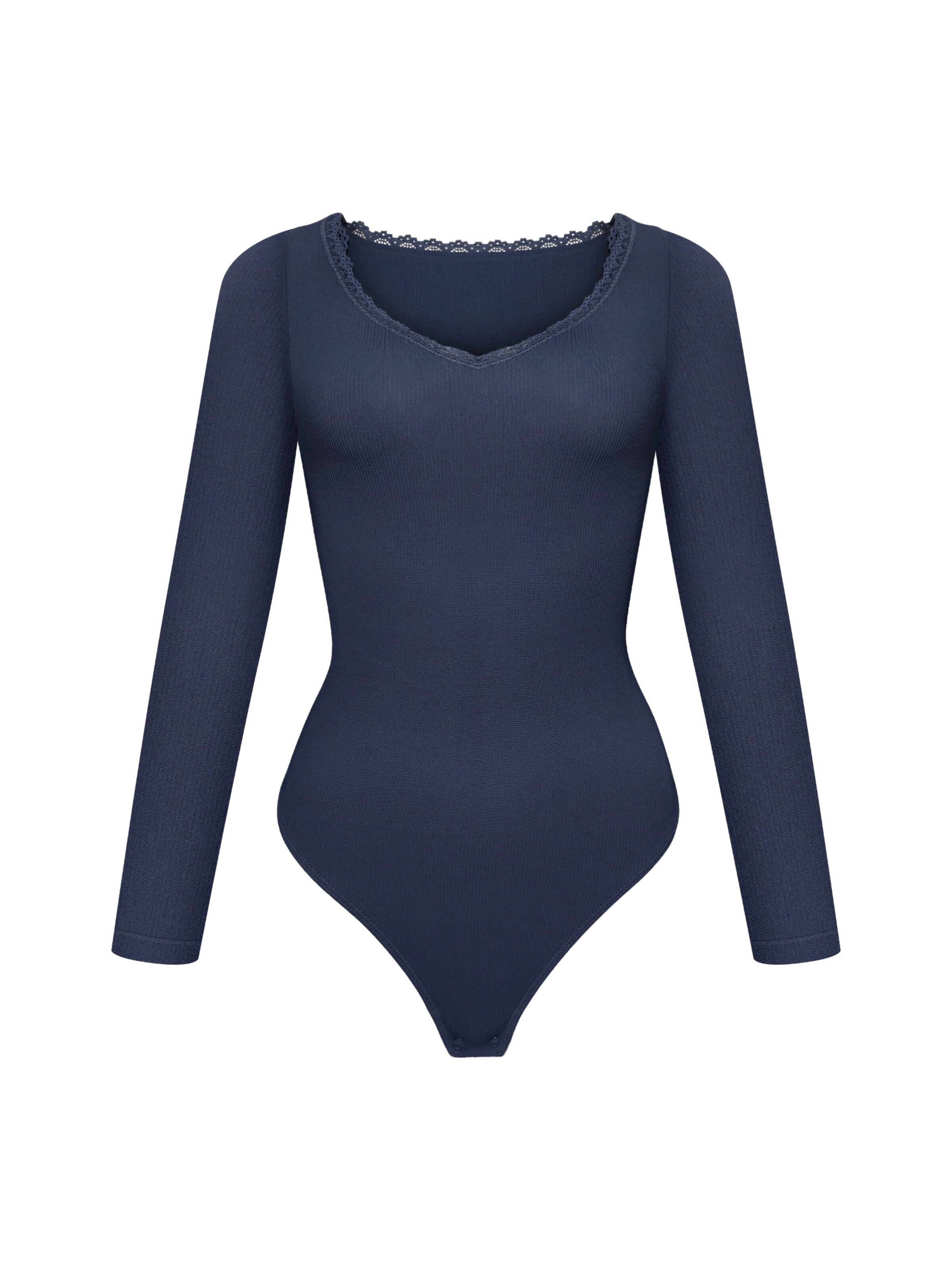 cfab Body 'Ribbed Longsleeve V-Neck Sculpting Lace Bodysuit with String' in Blauw: voorkant
