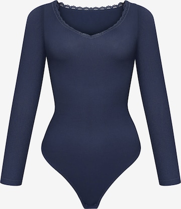 cfab Body 'Ribbed Longsleeve V-Neck Sculpting Lace Bodysuit with String' in Blauw: voorkant