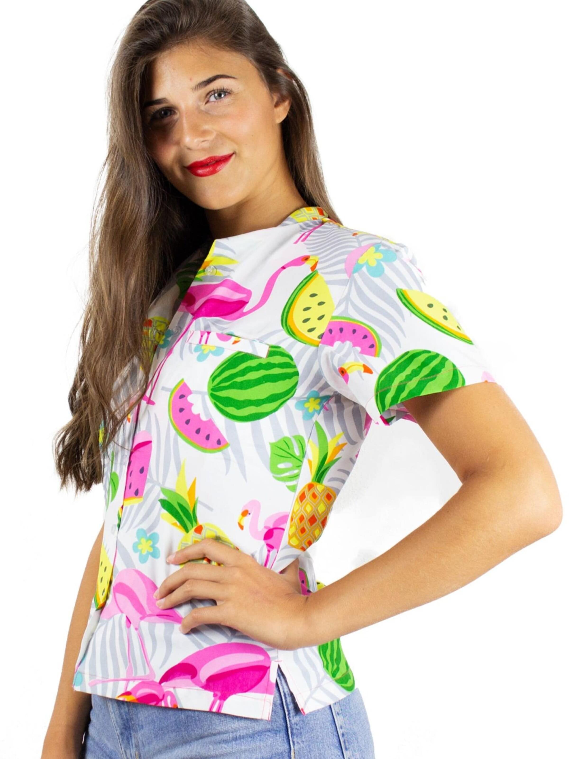 Camicia da donna 'Flamingo Melone' di King Kameha in bianco