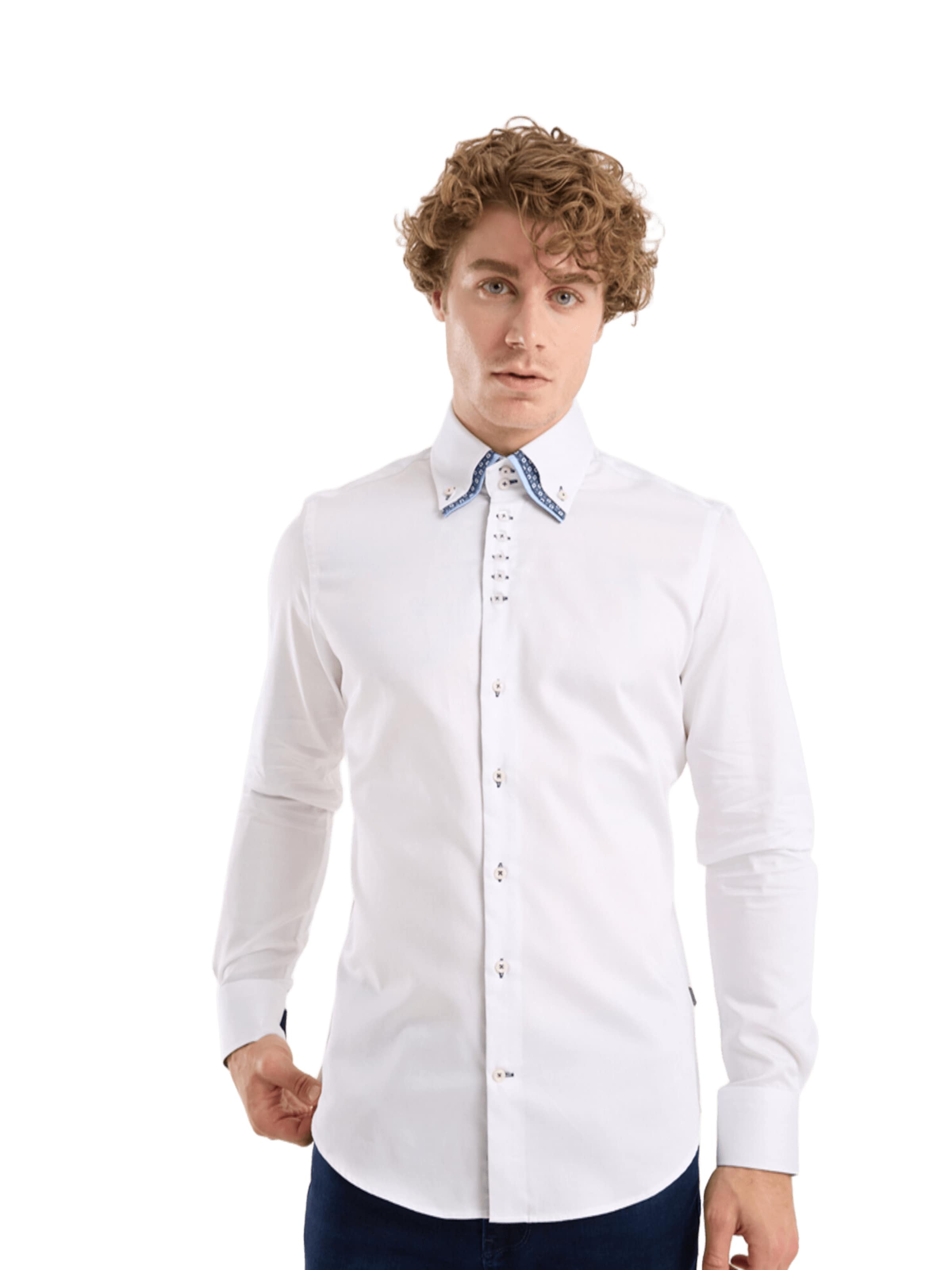 7Camicie Slim fit Zakelijk overhemd 'Vesuvio Iconic Satin Man Shirt Light Blue' in Wit
