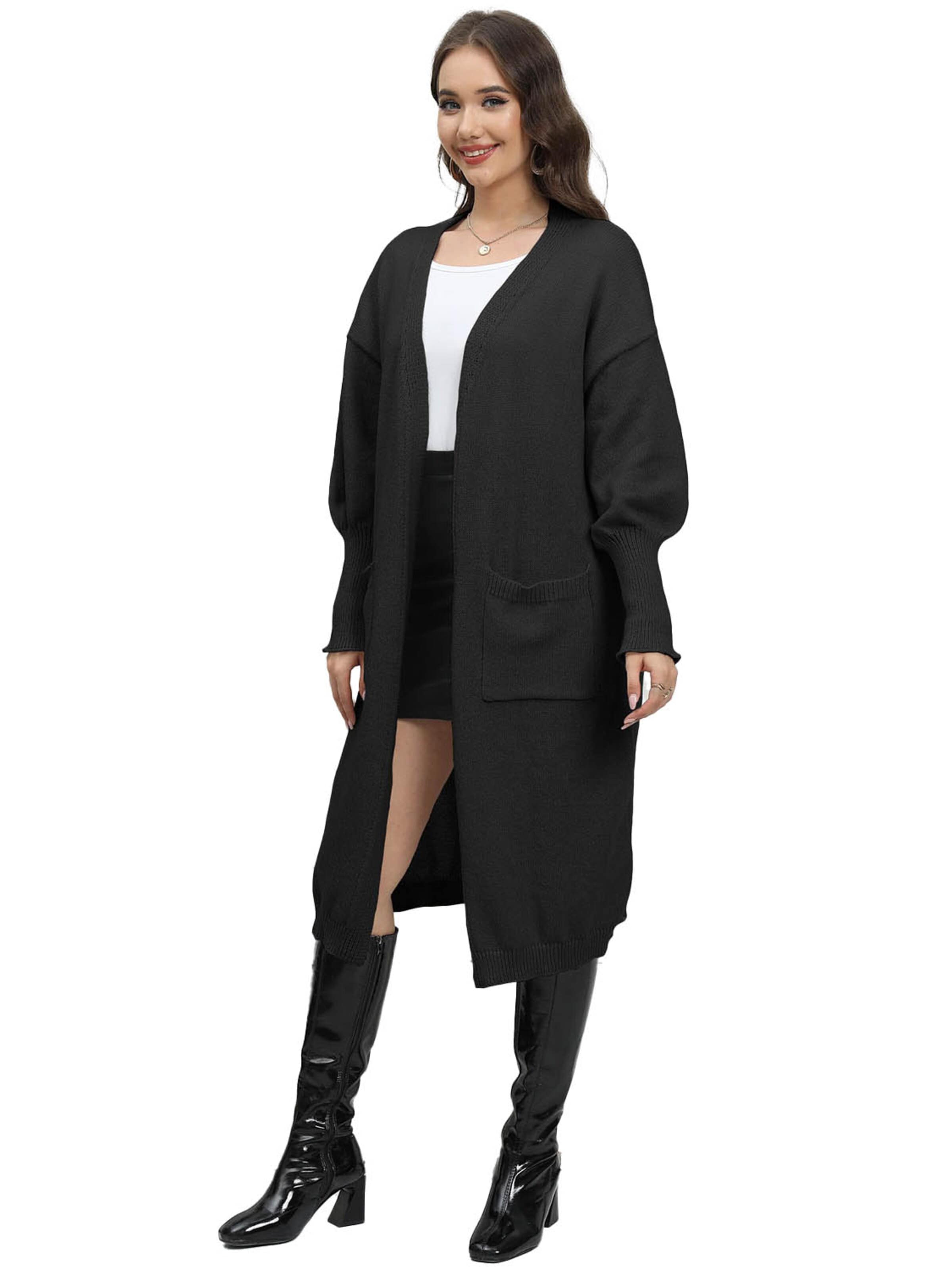 KoJooin Kardigan 'Damen Oversize Wollcardigan Taschen und Ballonärmeln Weicher,Langer Strickmantel in Einheitsgröße' w kolorze czarny: przód