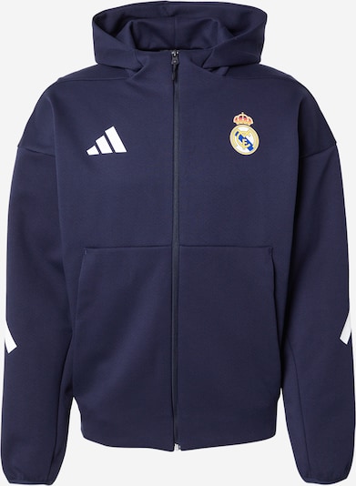 Sportinė striukė 'Real Madrid Z.N.E. Anthem' iš ADIDAS PERFORMANCE, spalva – tamsiai mėlyna jūros spalva / aukso geltonumo spalva / raudona / balta, Prekių apžvalga