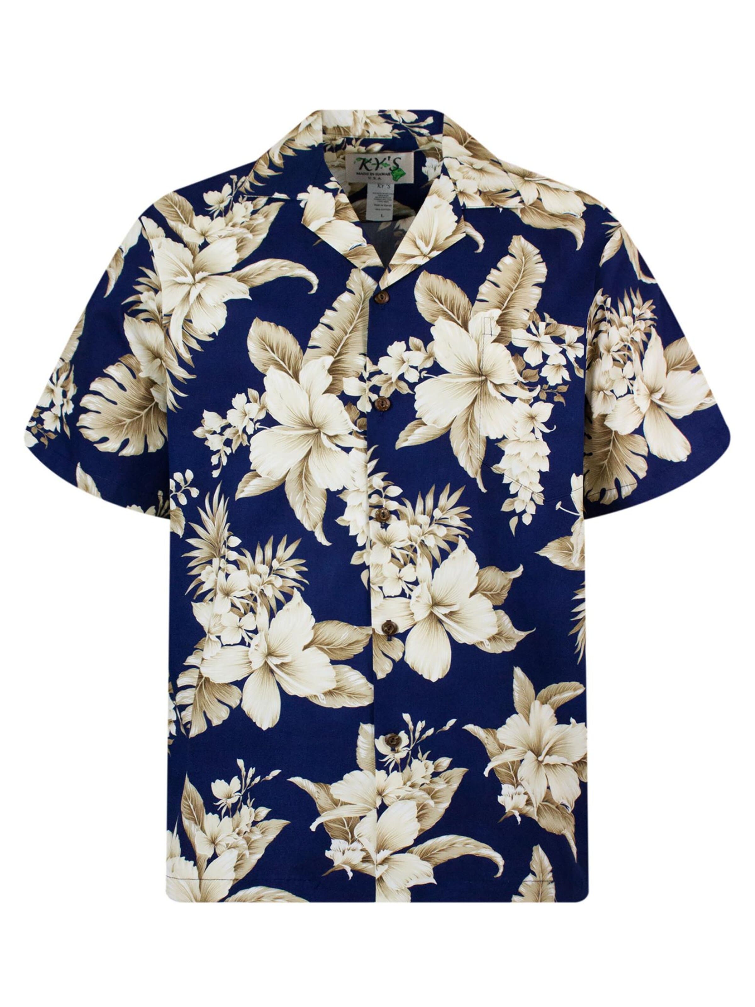 KY's Regular fit Overhemd 'Goldbraune Blume' in Blauw: voorkant
