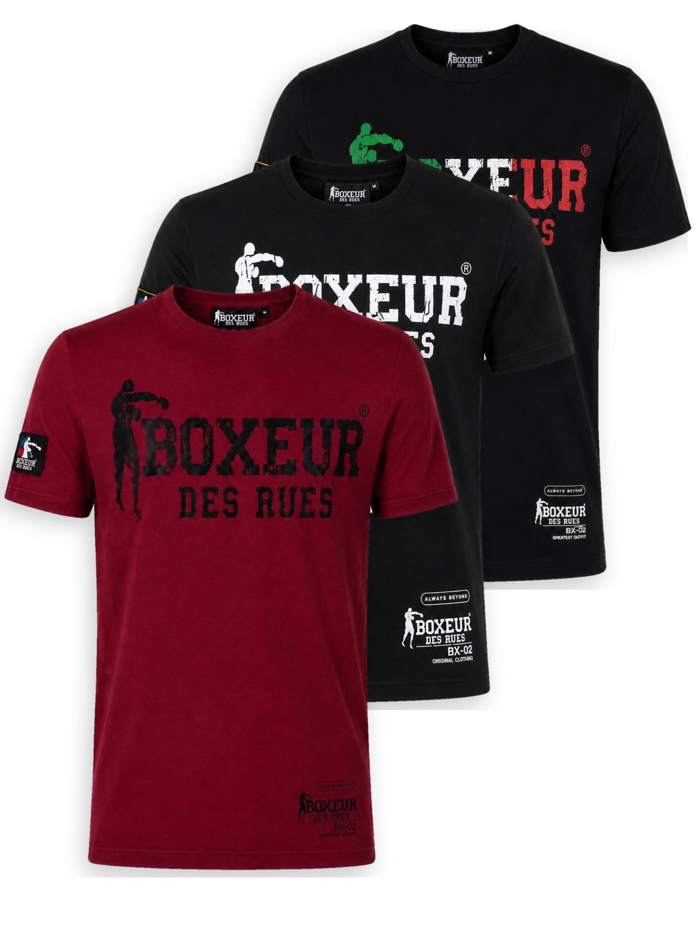 Boxeur des Rues Shirt 'Herren T-Shirt 3er-Pack Boxeur des Rues Slim Fit: Bordeaux + Schwarz, Weißes Logo + Schwarz, Dreifarbiges Logo'‌‌‌‌ in S/Regular in mischfarben, Produktansicht