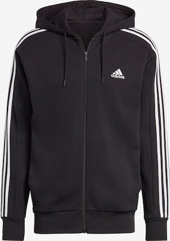 ADIDAS SPORTSWEAR Athletic Zip-Up Hoodie 'Essentials French Terry 3-Stripes ' in Black: front